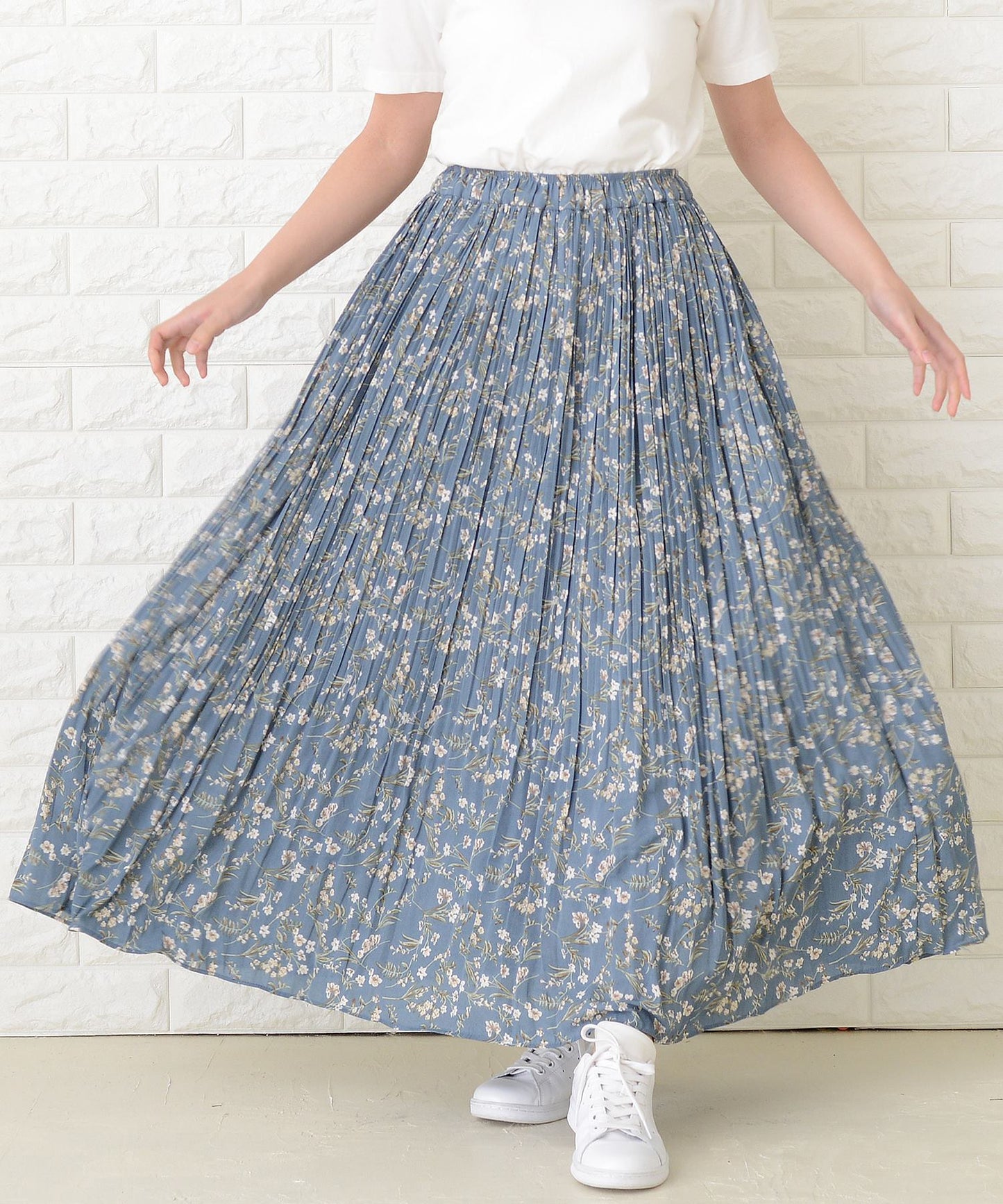 花柄 細プリーツ ロング フレア スカート