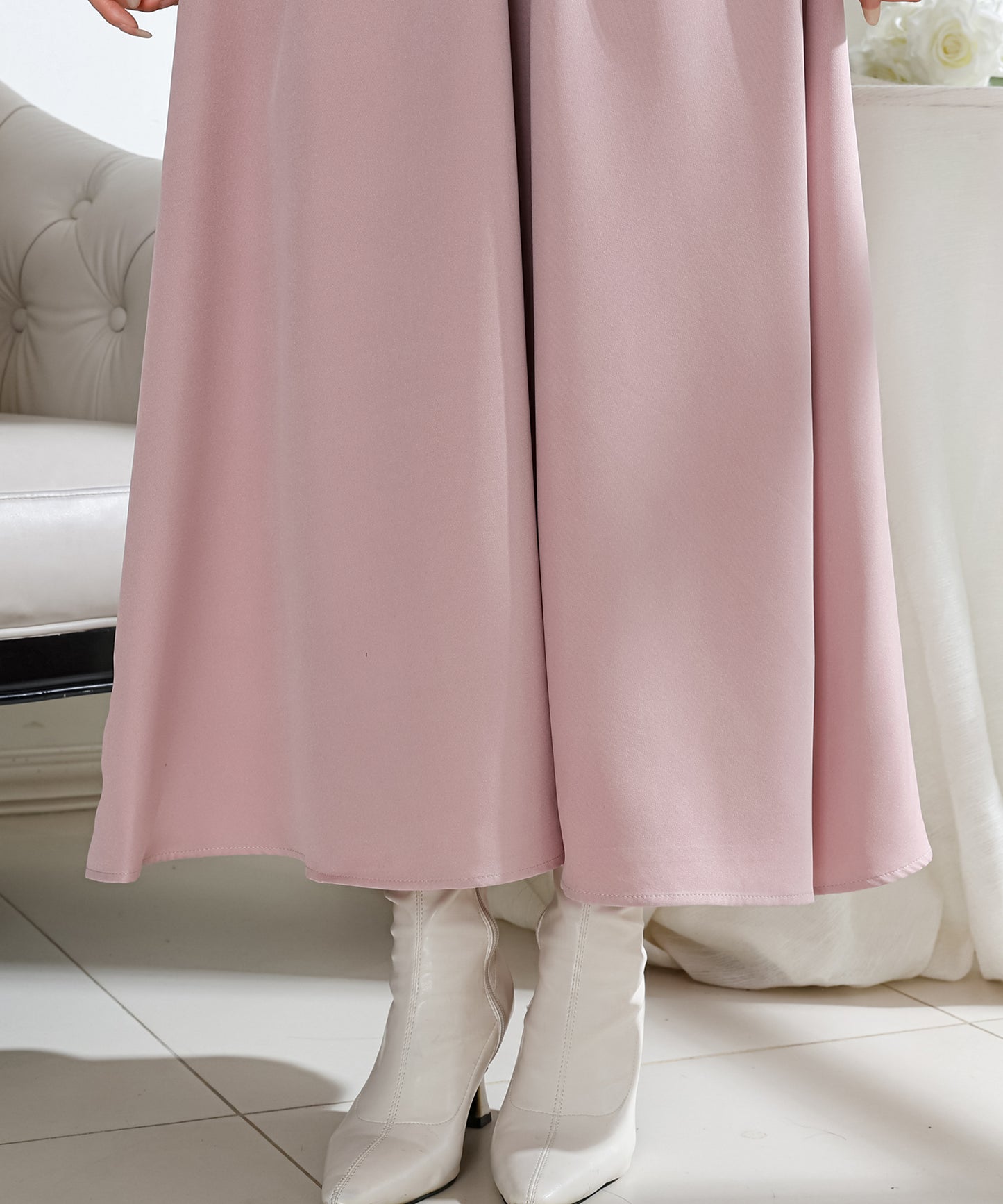 袖フリル ウエスト シャーリング 長袖 フレア ワンピース