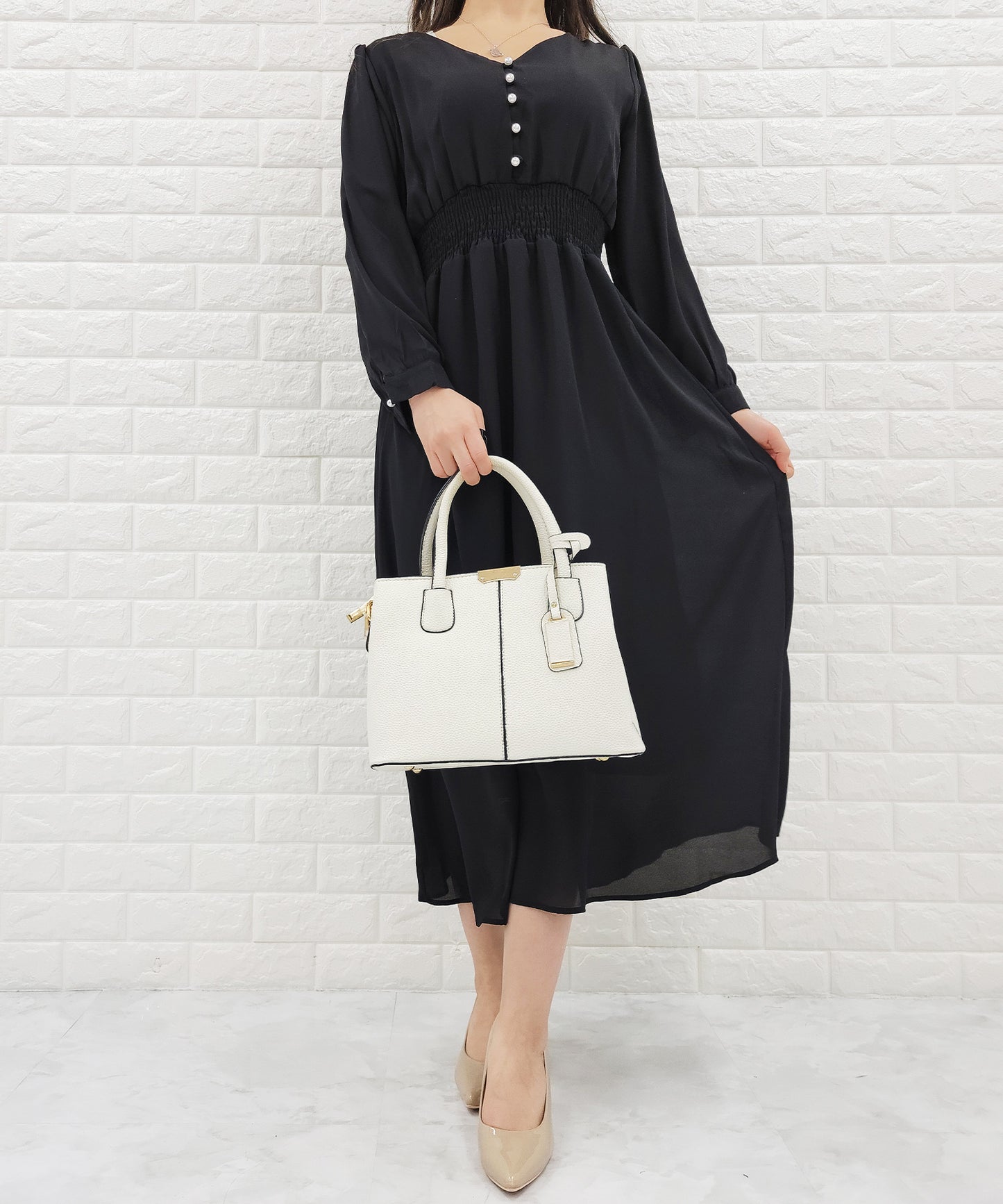 Vネック ウエストギャザーシフォンワンピース