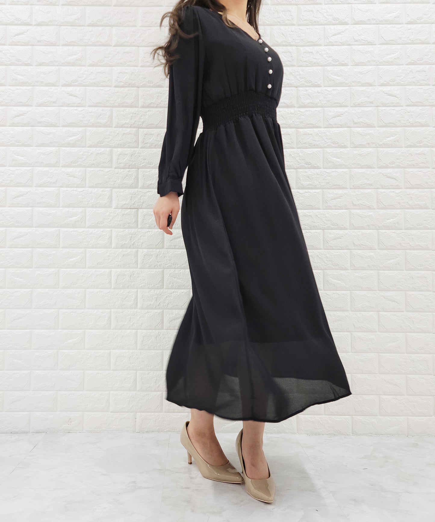 Vネック ウエストギャザーシフォンワンピース