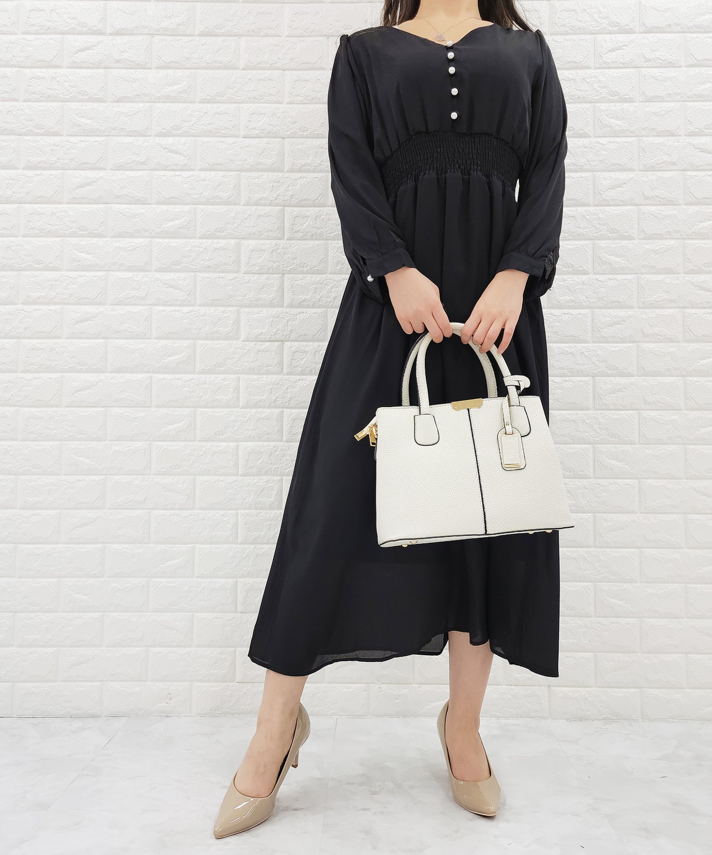 Vネック ウエストギャザーシフォンワンピース