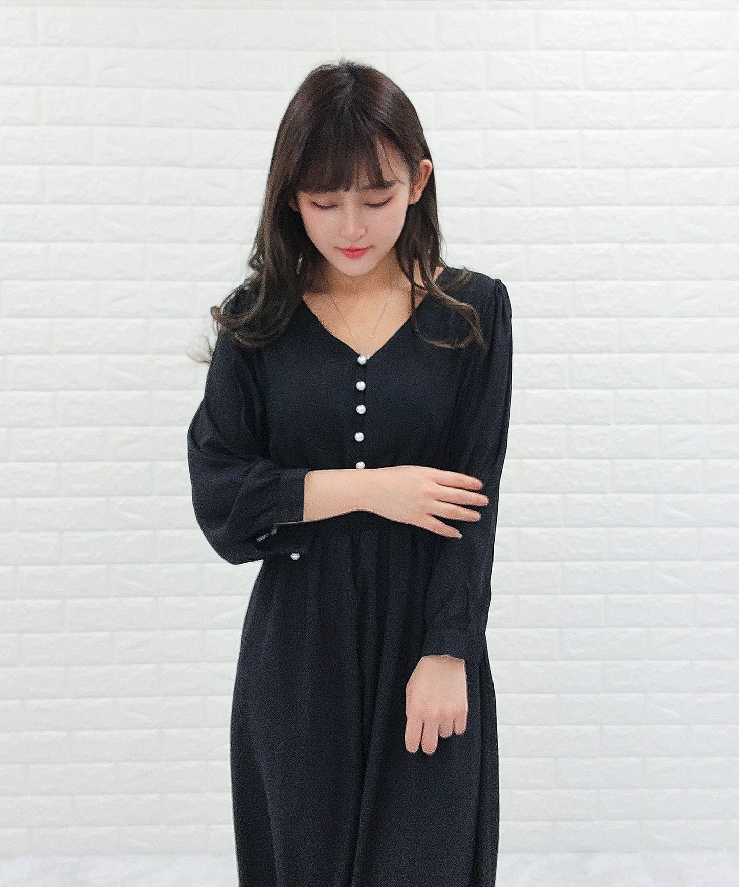 Vネック ウエストギャザーシフォンワンピース