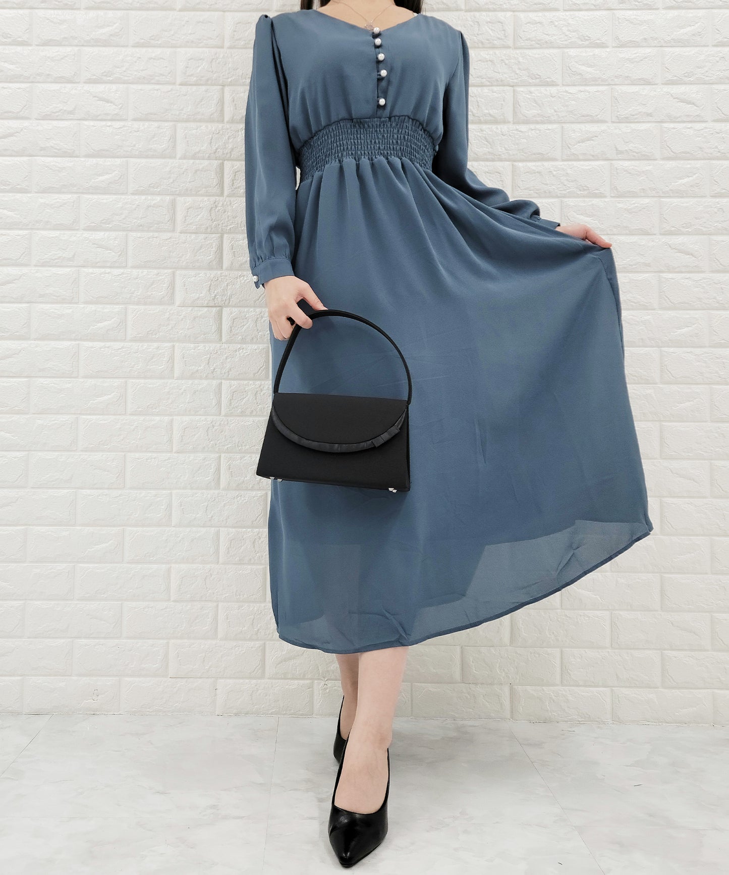 Vネック ウエストギャザーシフォンワンピース