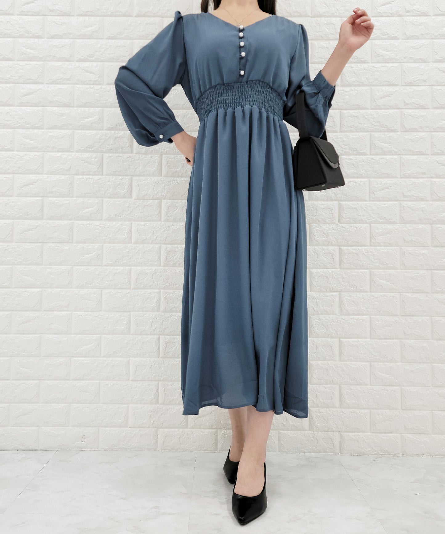 Vネック ウエストギャザーシフォンワンピース