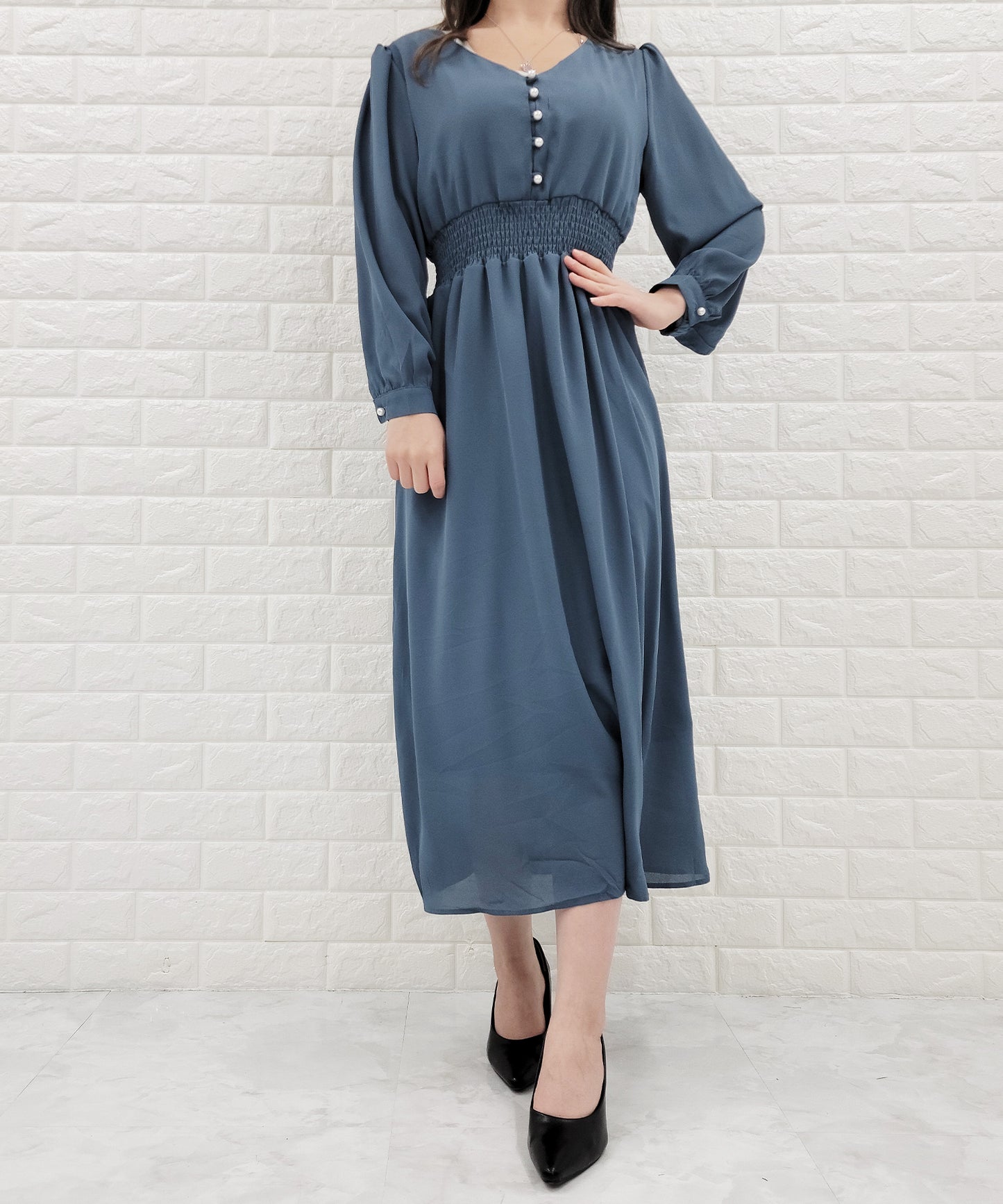 Vネック ウエストギャザーシフォンワンピース