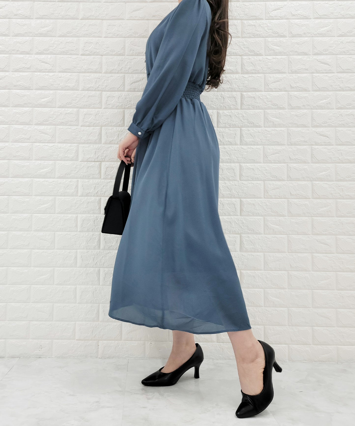 Vネック ウエストギャザーシフォンワンピース