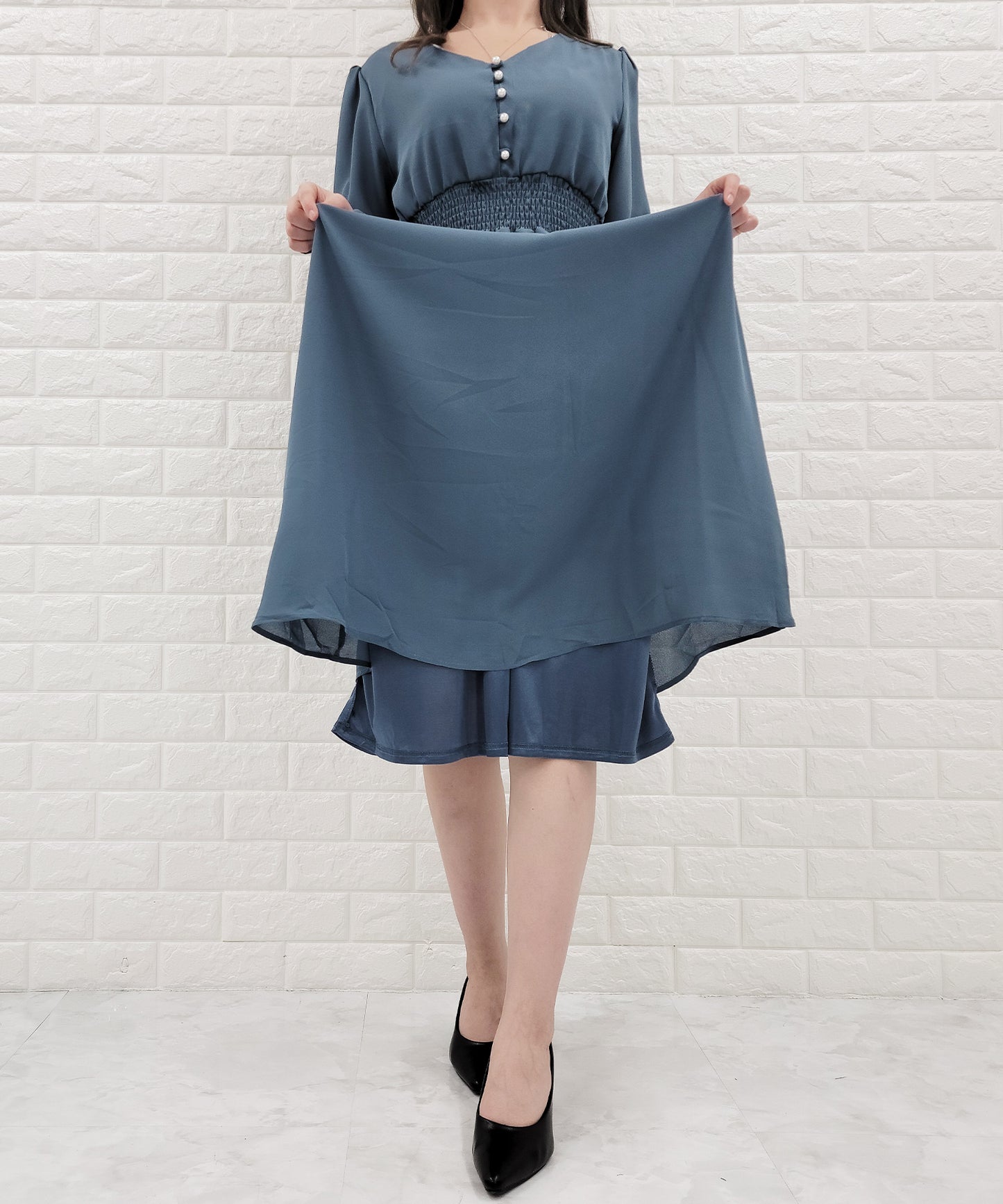 Vネック ウエストギャザーシフォンワンピース