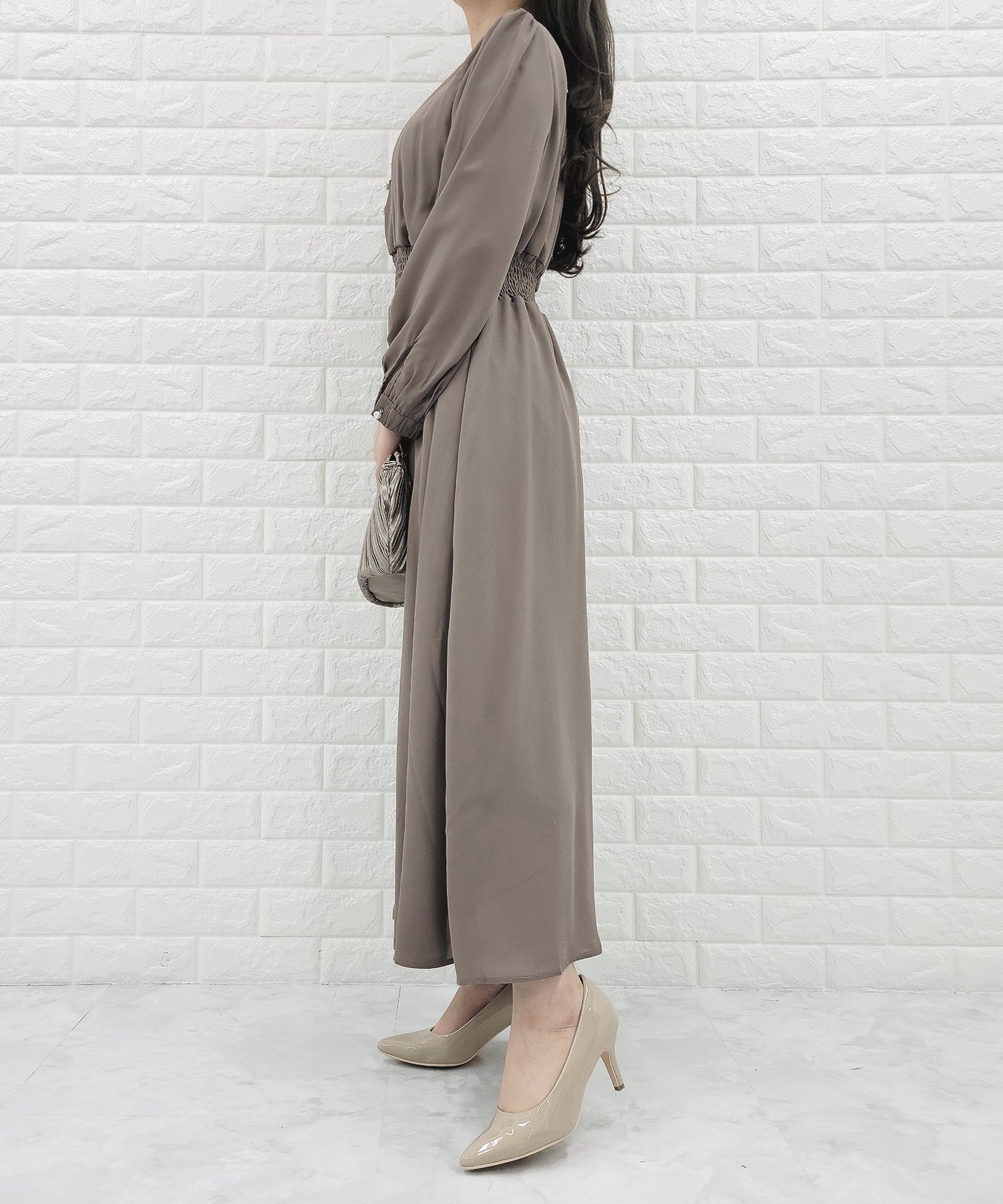 Vネック ウエストギャザーシフォンワンピース