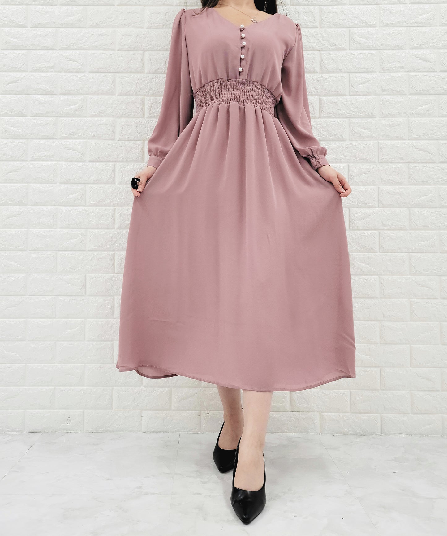 Vネック ウエストギャザーシフォンワンピース