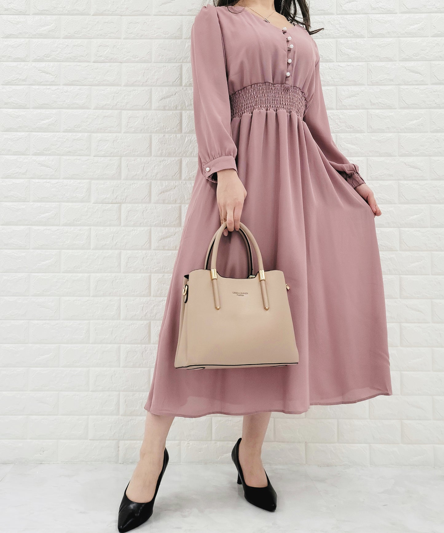 Vネック ウエストギャザーシフォンワンピース