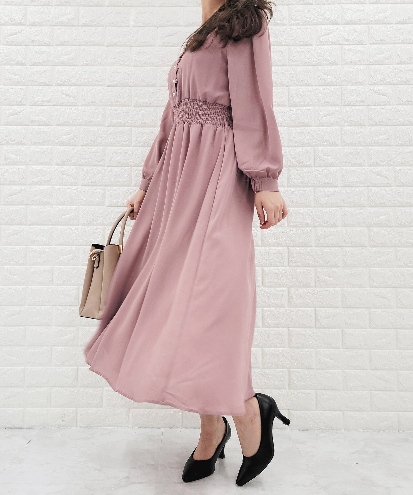 Vネック ウエストギャザーシフォンワンピース