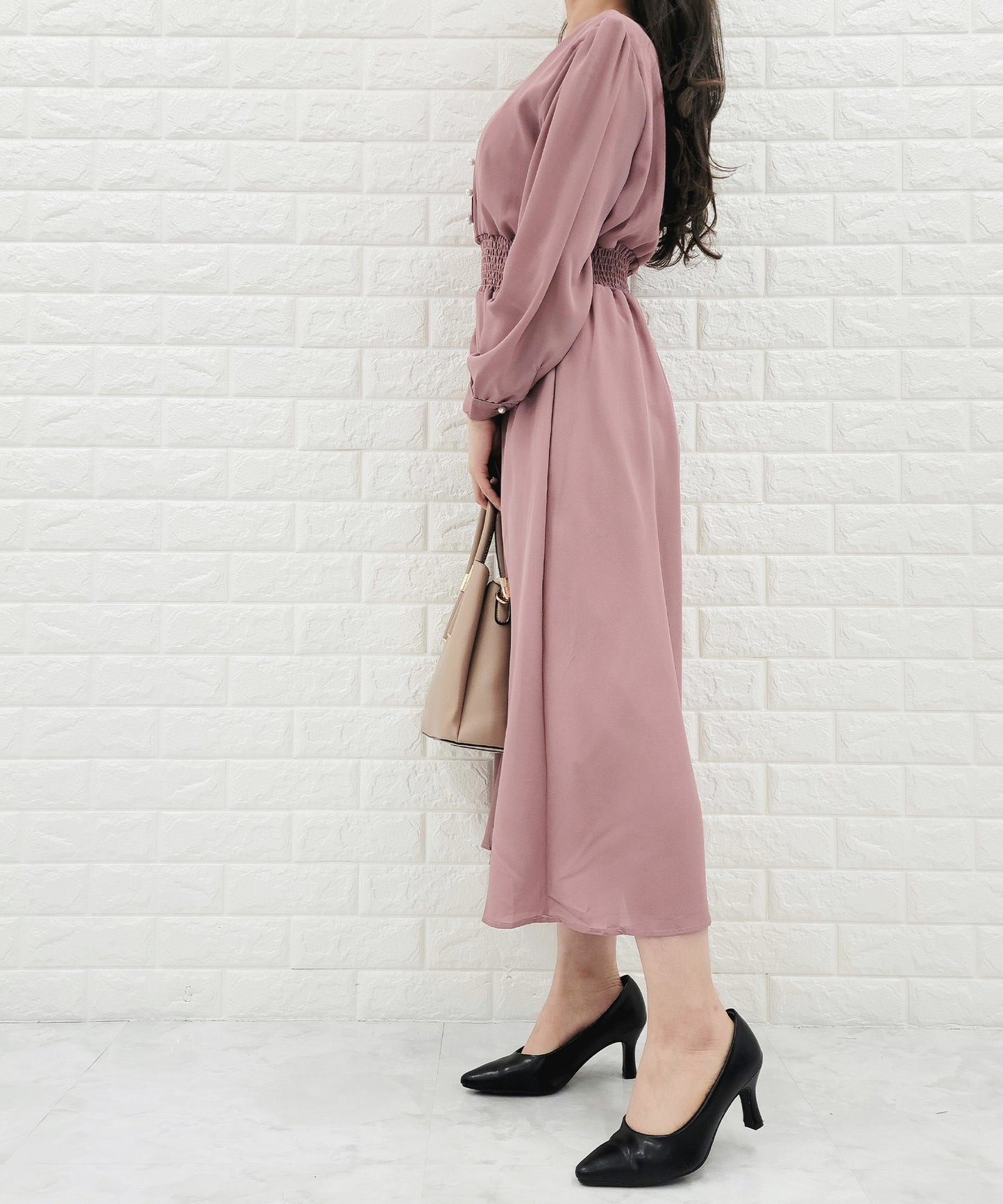 Vネック ウエストギャザーシフォンワンピース