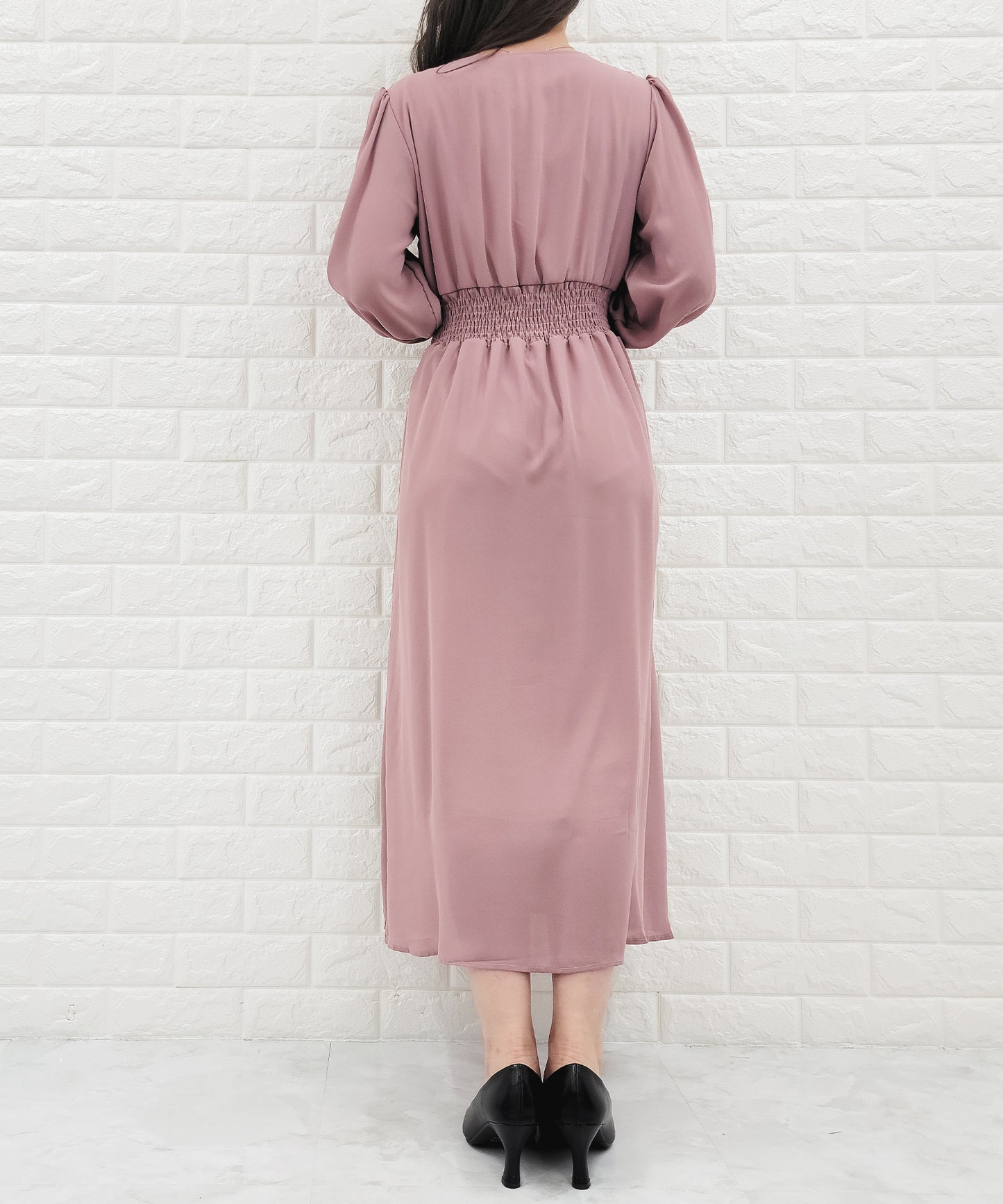 Vネック ウエストギャザーシフォンワンピース