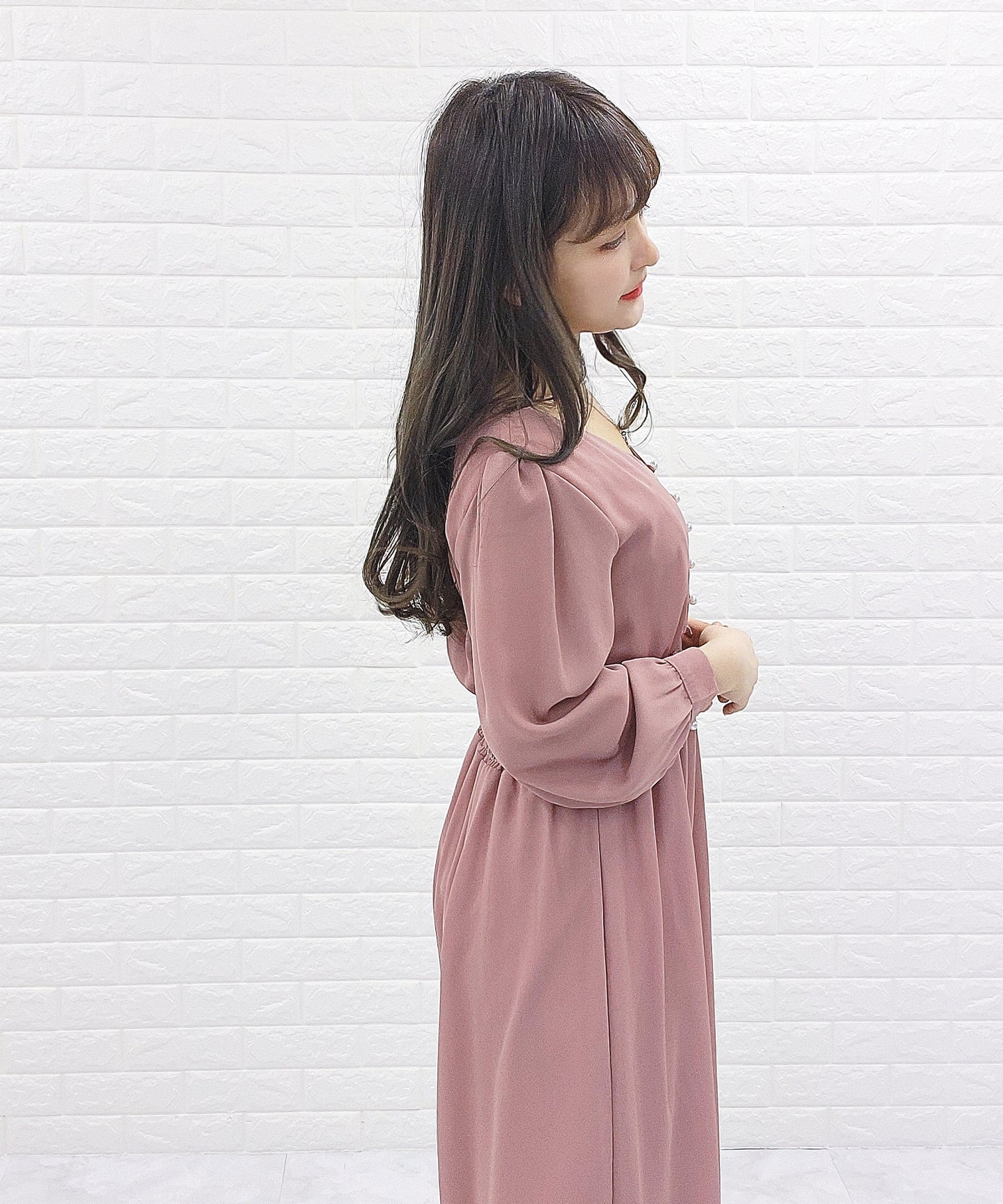 Vネック ウエストギャザーシフォンワンピース