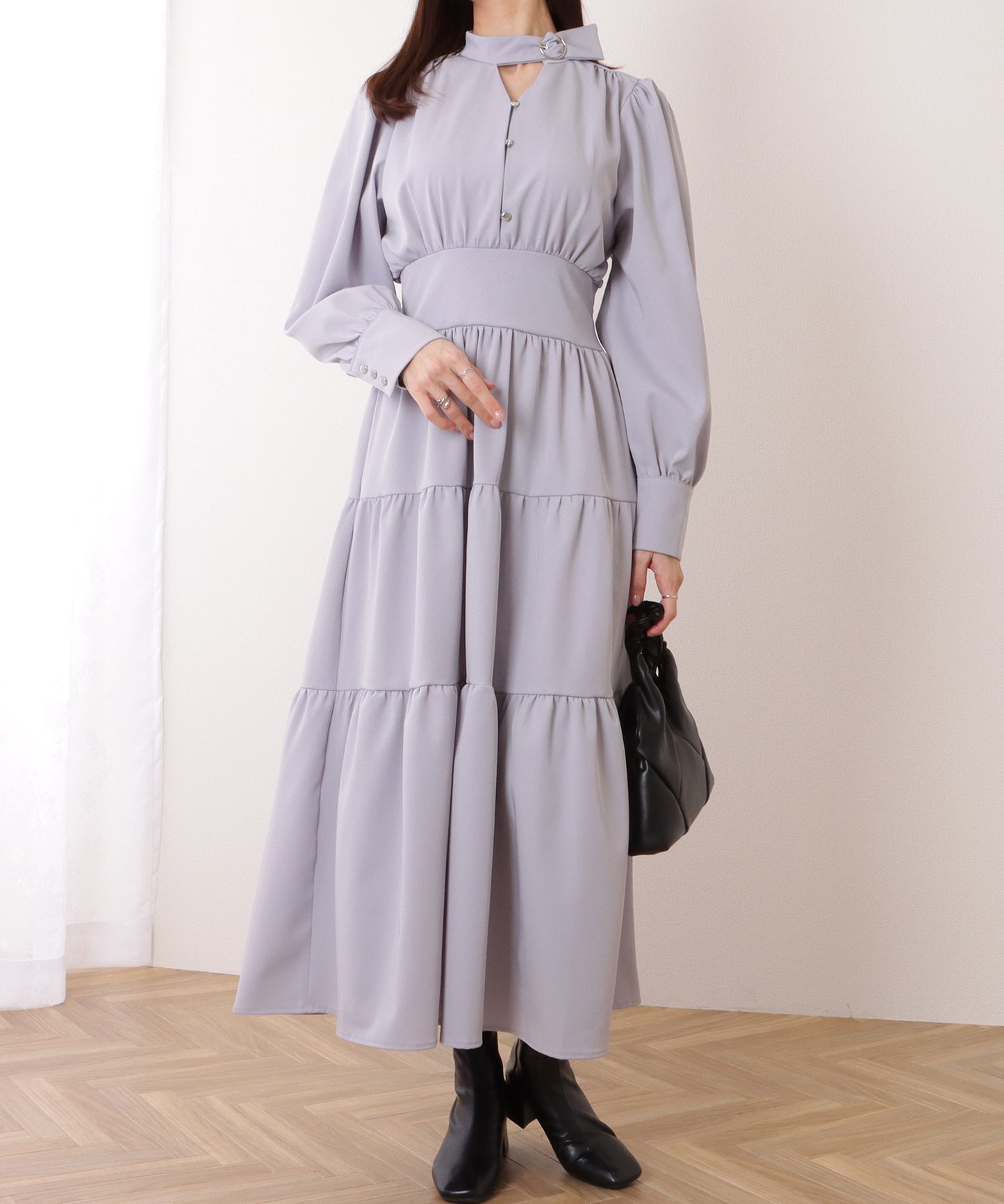 Vネック ティアード ギャザー マキシ丈 ワンピース