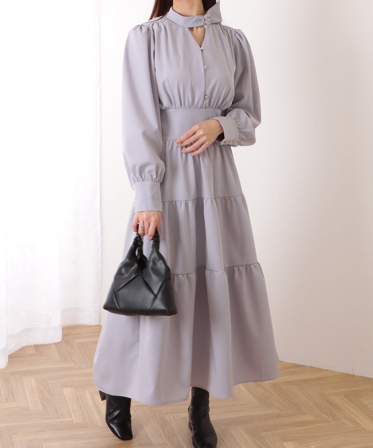 Vネック ティアード ギャザー マキシ丈 ワンピース