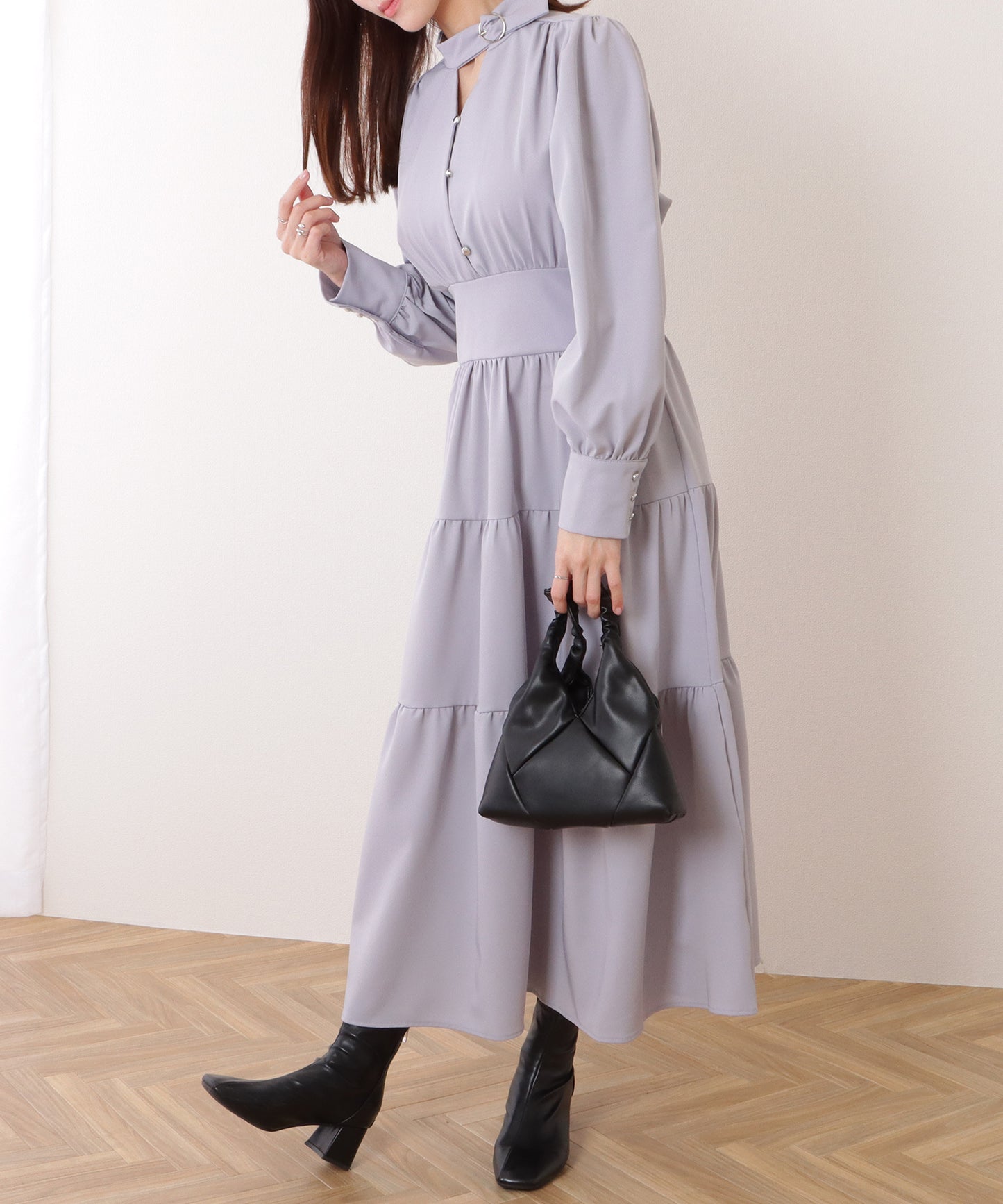 Vネック ティアード ギャザー マキシ丈 ワンピース