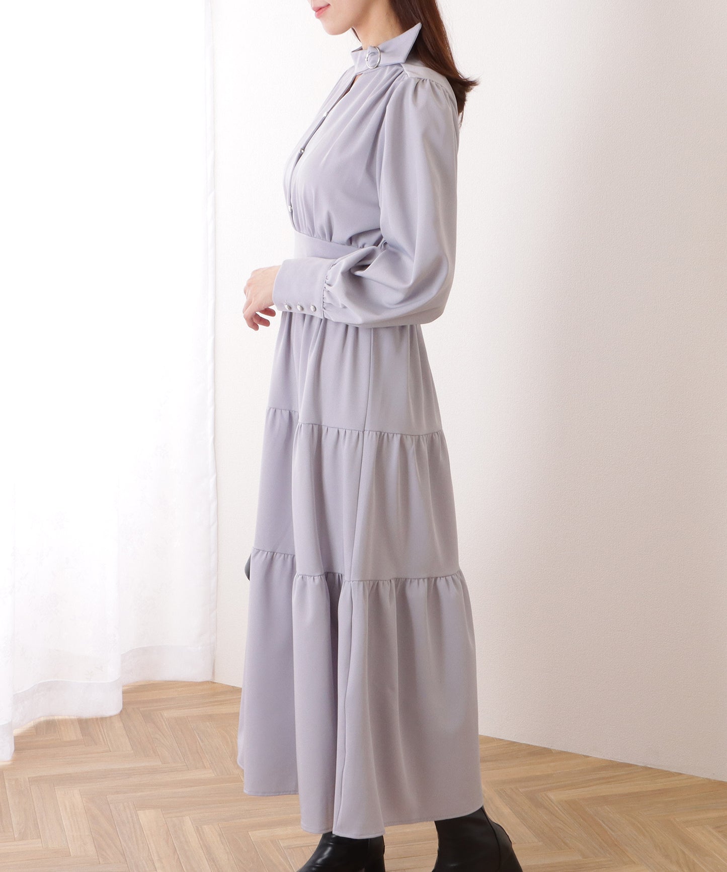 Vネック ティアード ギャザー マキシ丈 ワンピース