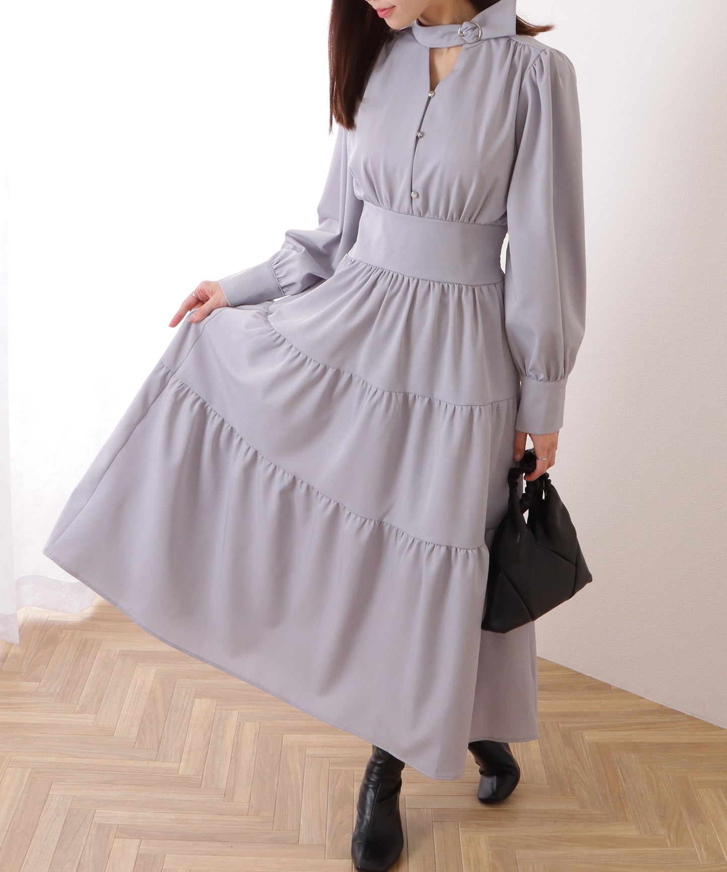 Vネック ティアード ギャザー マキシ丈 ワンピース