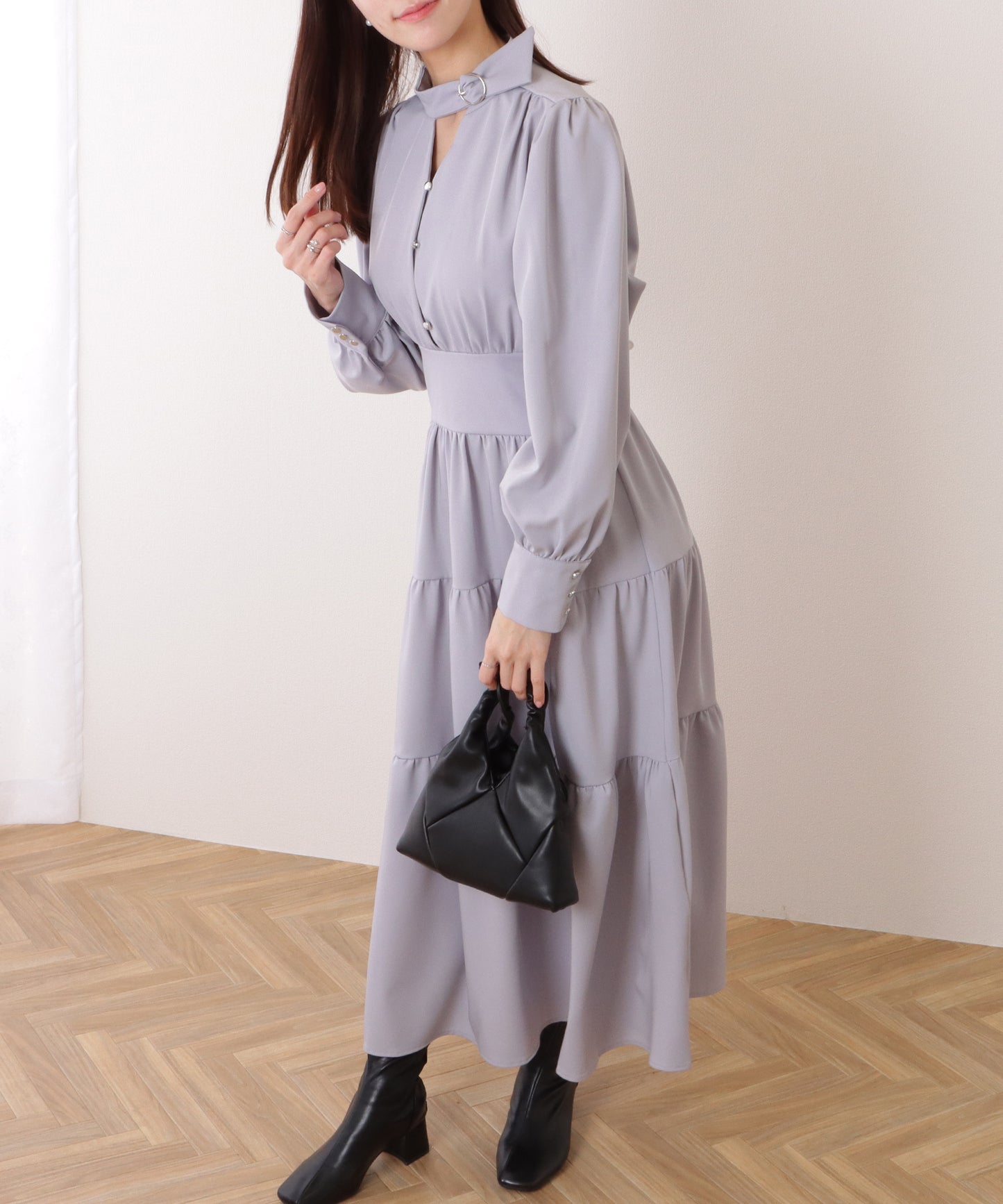 Vネック ティアード ギャザー マキシ丈 ワンピース