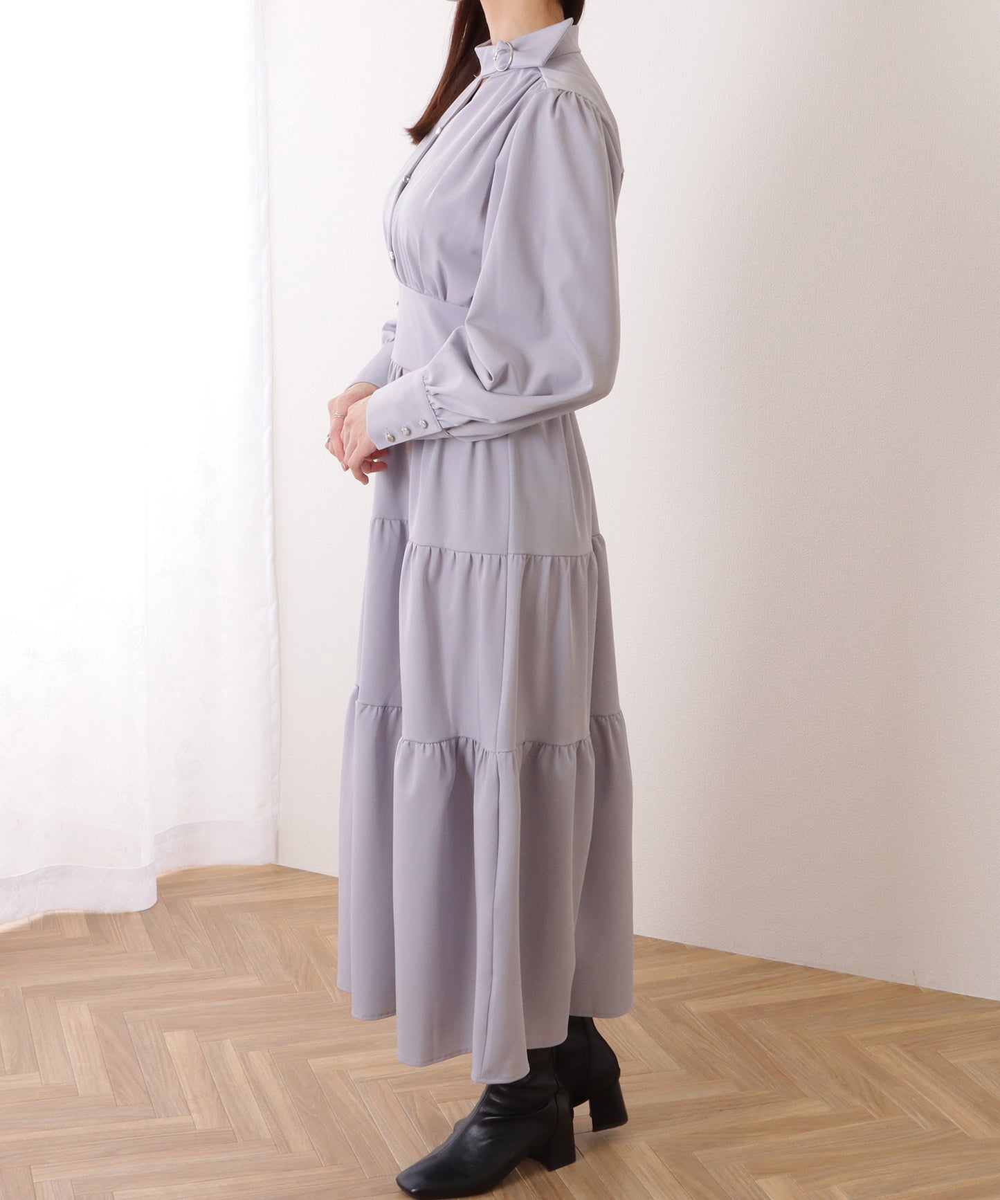 Vネック ティアード ギャザー マキシ丈 ワンピース