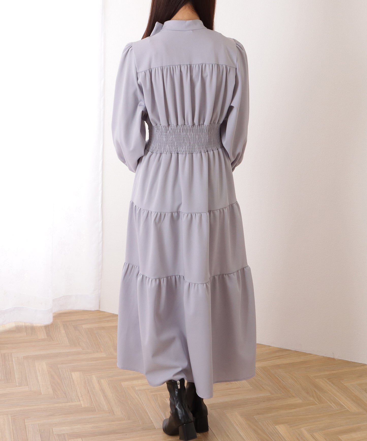 Vネック ティアード ギャザー マキシ丈 ワンピース