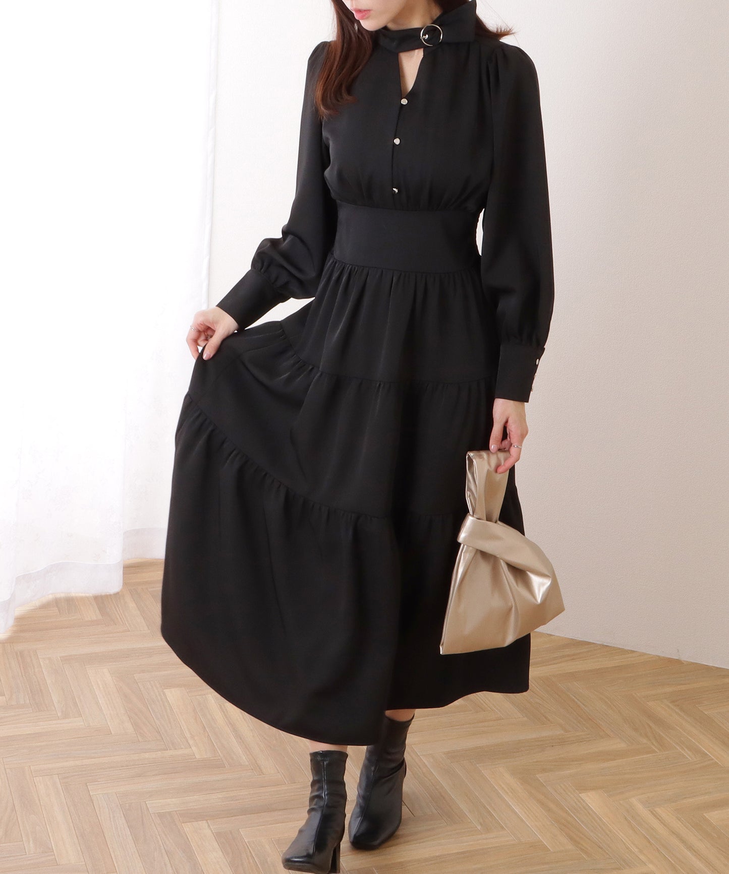 Vネック ティアード ギャザー マキシ丈 ワンピース