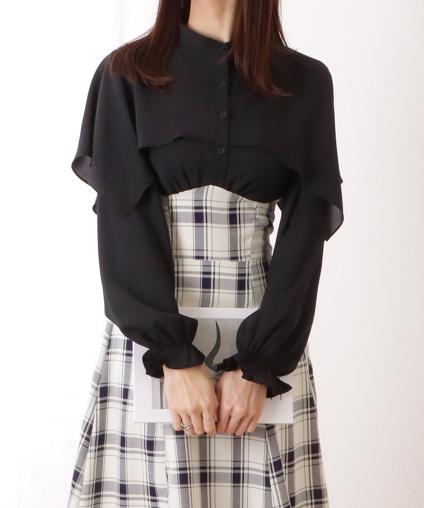 ケープカラー チェック柄 ドッキング ロング ワンピース