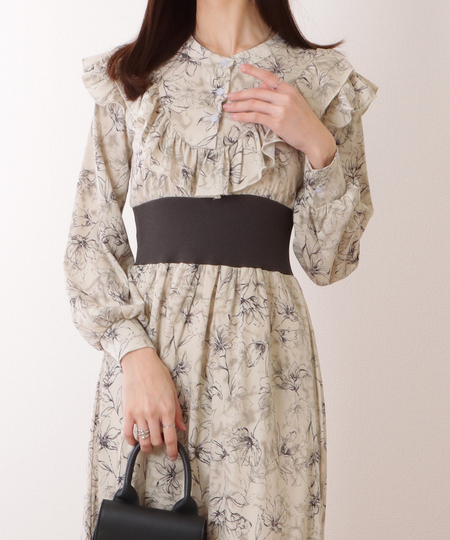 配色 リブ フリルライン ボタニカル柄 ワンピース