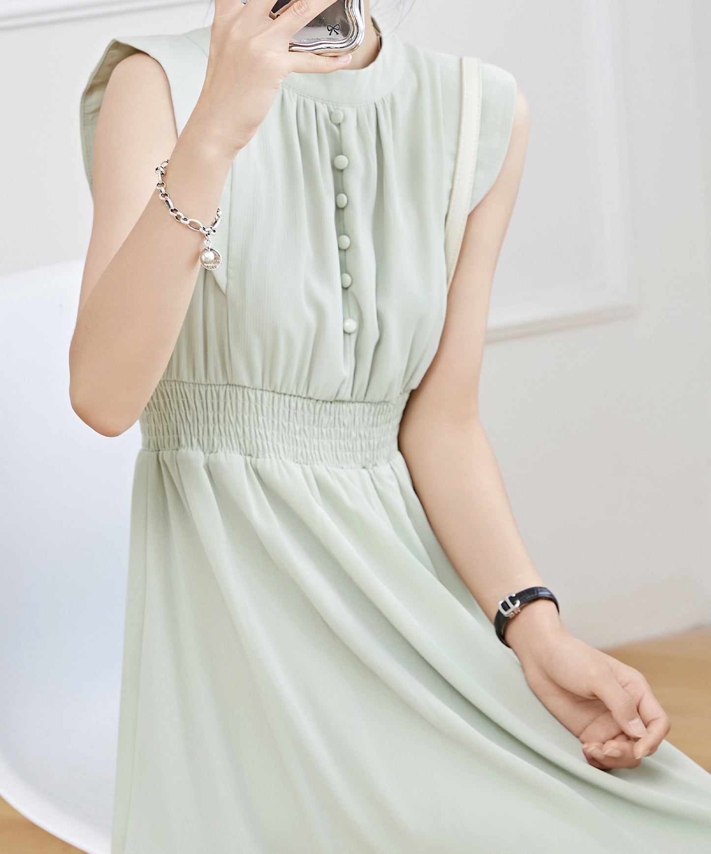 フロントボタン クルーネック ハイウエスト ギャザー ロング ワンピース