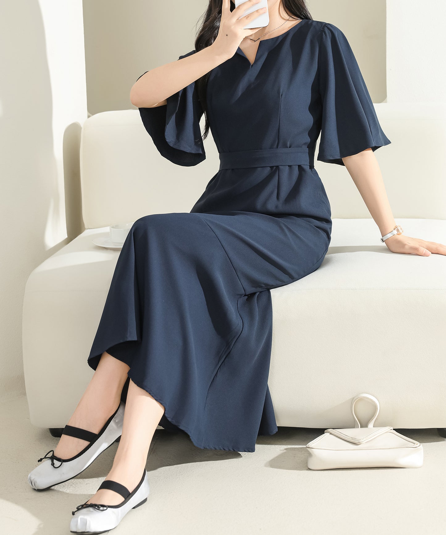 フレアスリーブ ハイウエスト マーメイド ロング ワンピース