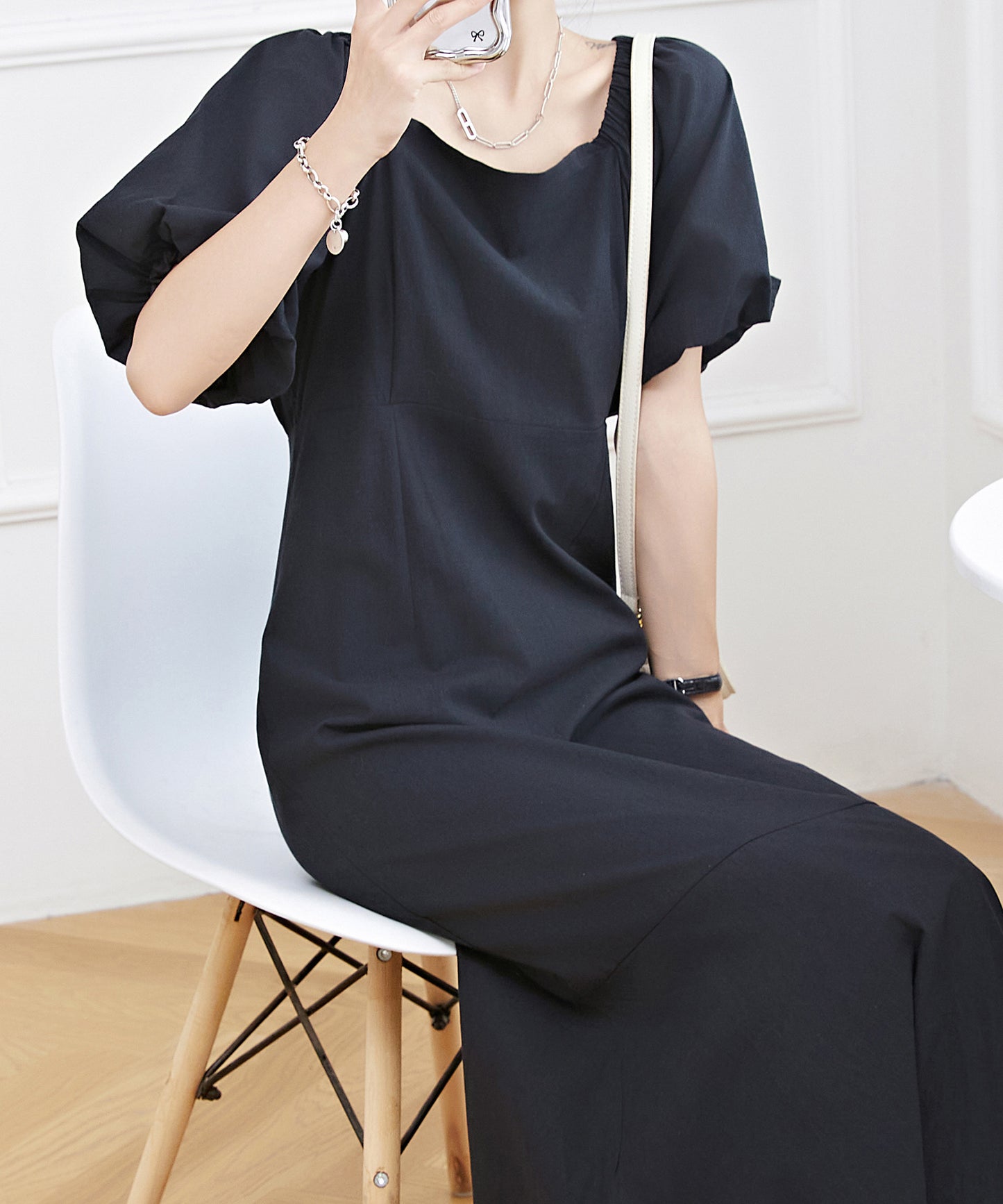 バックレースアップ パフスリーブ マーメイド ロング ワンピース