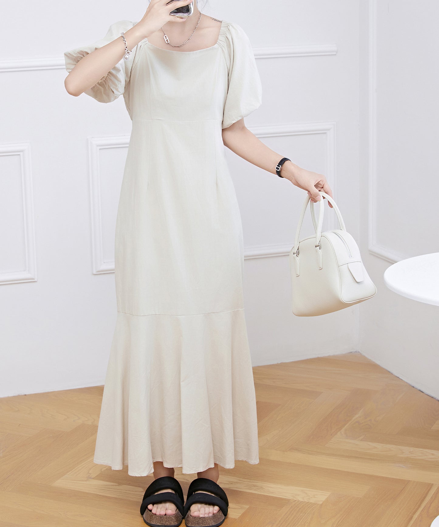 バックレースアップ パフスリーブ マーメイド ロング ワンピース
