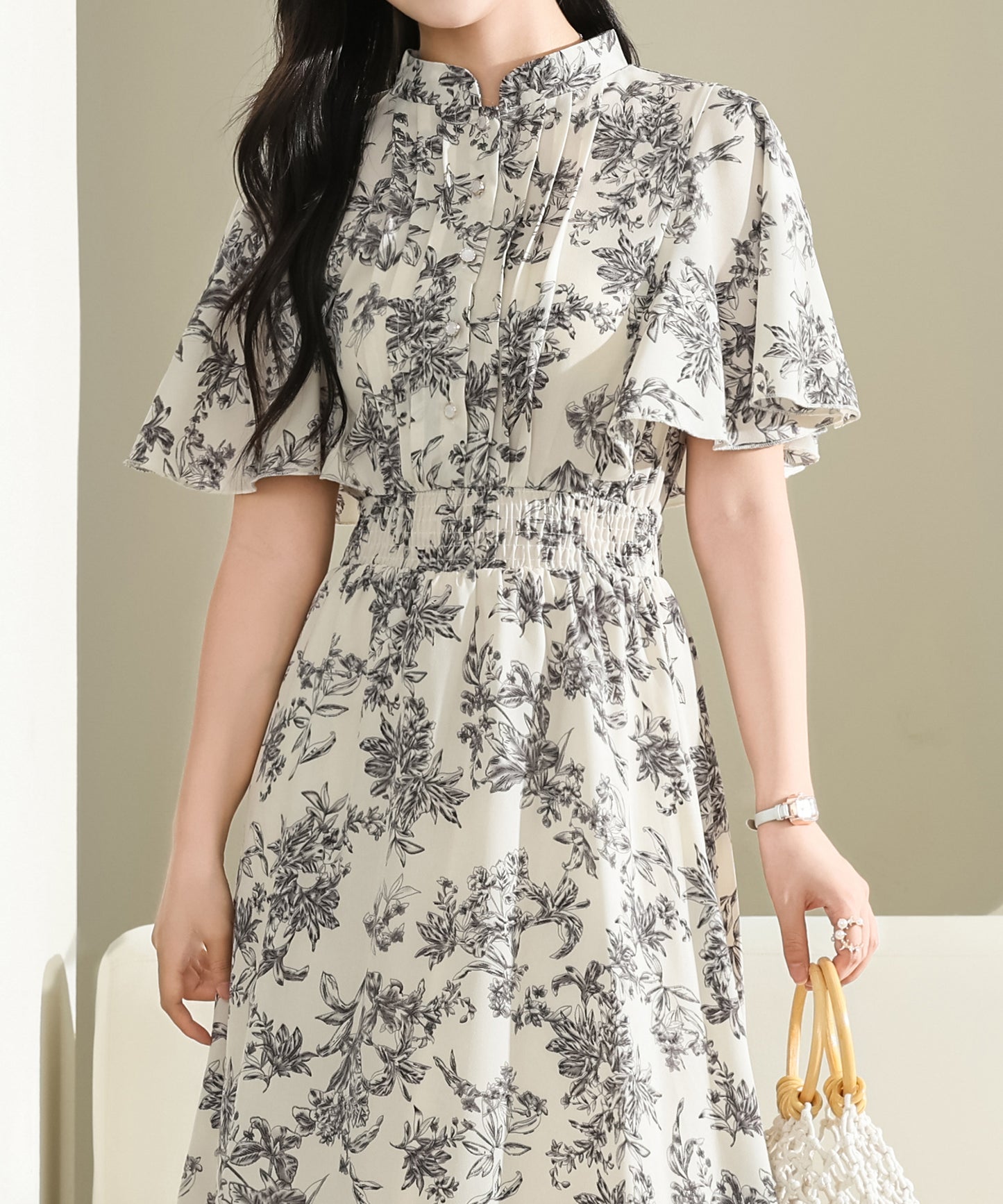 フロント プリーツ 花柄 ロング ワンピース