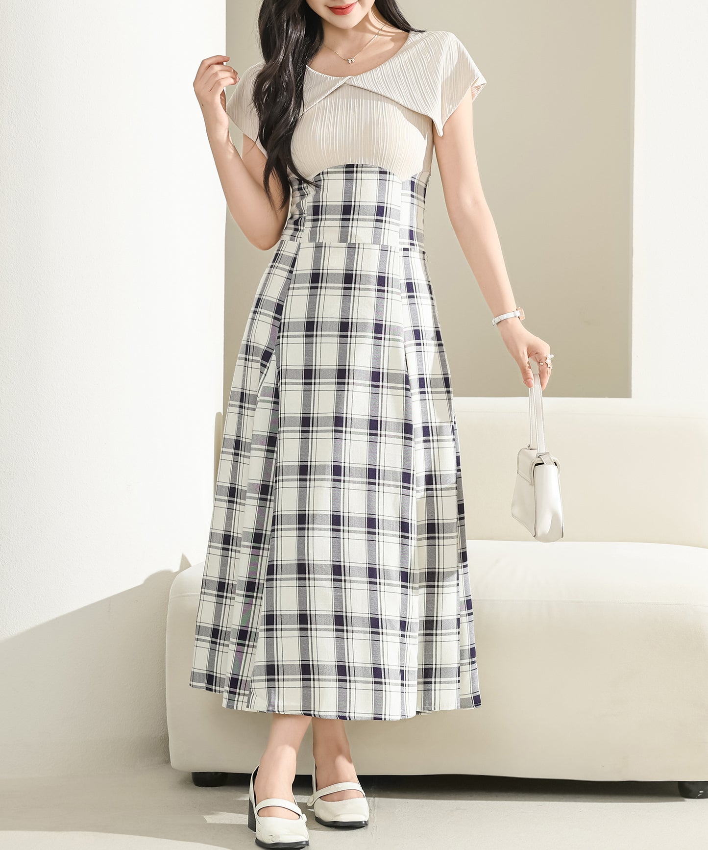 ビッグカラー チェック柄 ハイウエスト ドッキング ワンピース