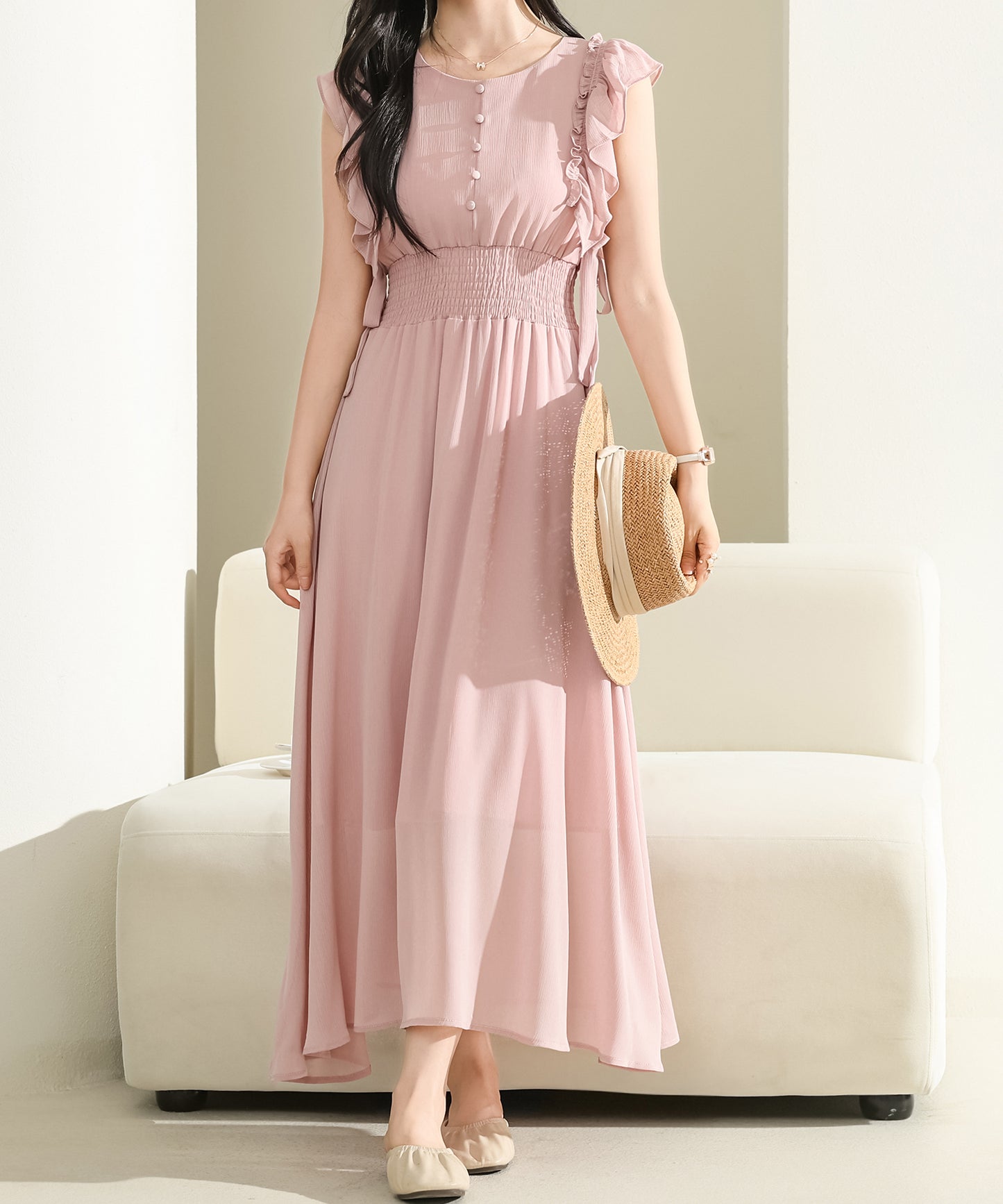 ウエスト シャーリング リボン フリル ロング ワンピース