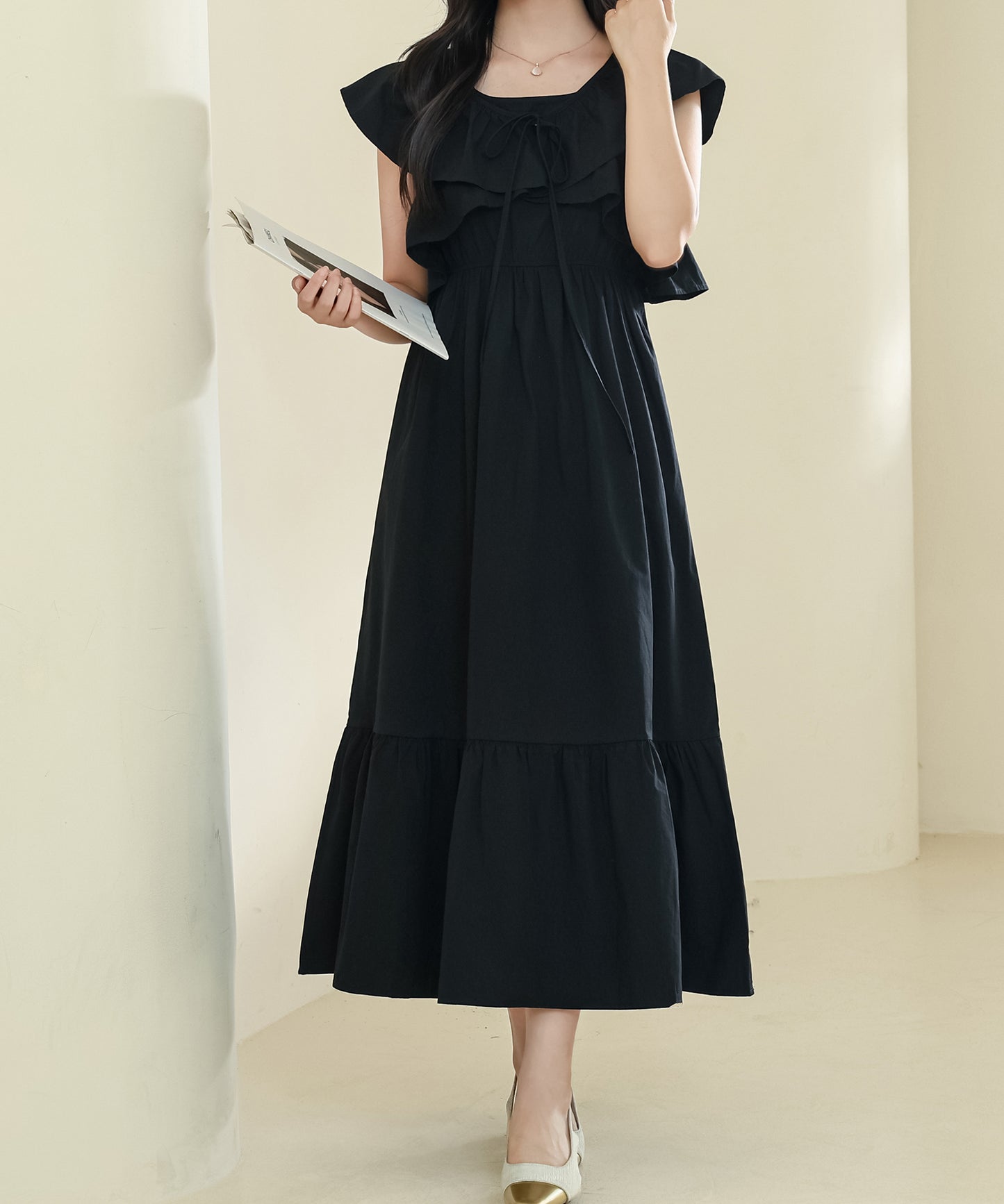 【2点セット】ボレロ付き フリルカラー ハイウエスト ティアード ロング コットン ワンピース
