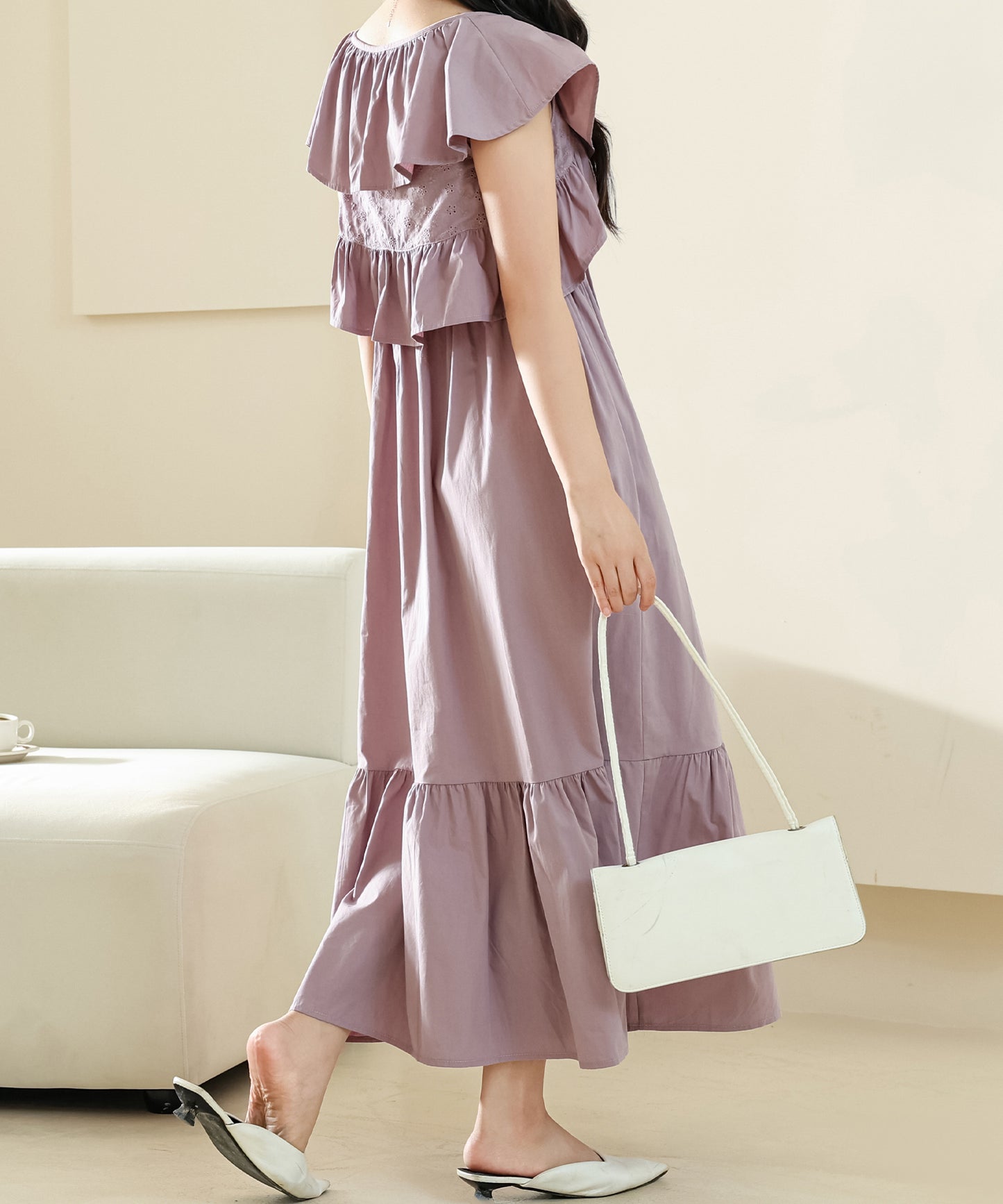【2点セット】ボレロ付き フリルカラー ハイウエスト ティアード ロング コットン ワンピース
