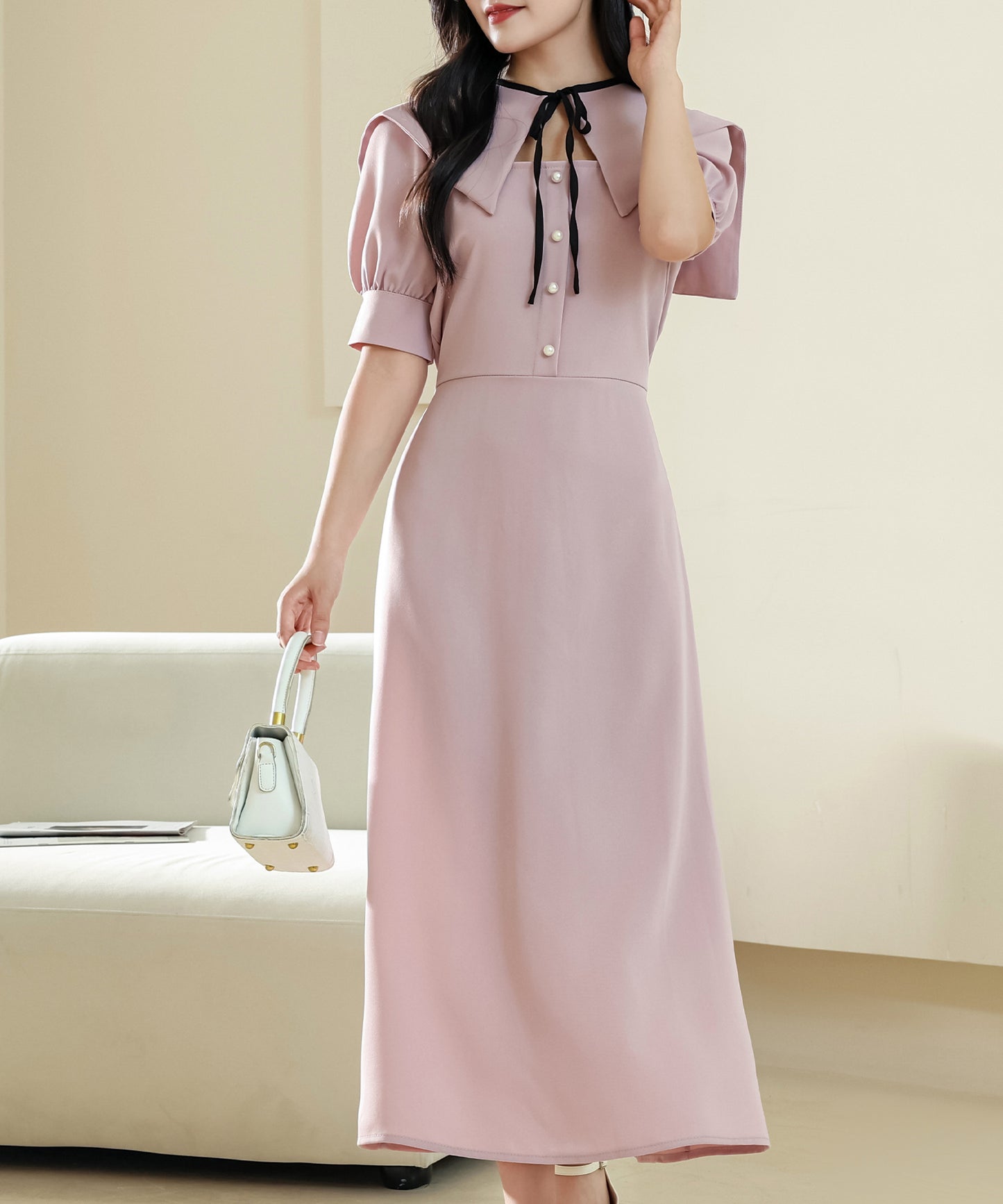 ショール風 ビッグカラー フロント ボタン ロング ワンピース