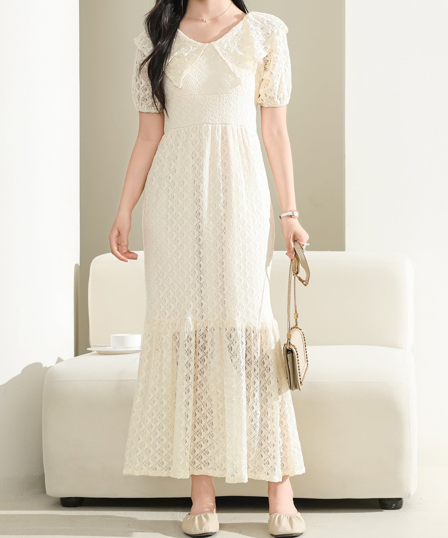 ビッグカラー フリル レース Iライン ロング ワンピース