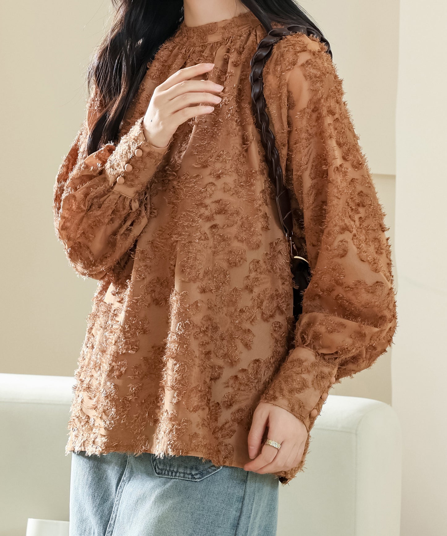 花柄 シャギー ボリューム袖 ギャザー シアー ブラウス
