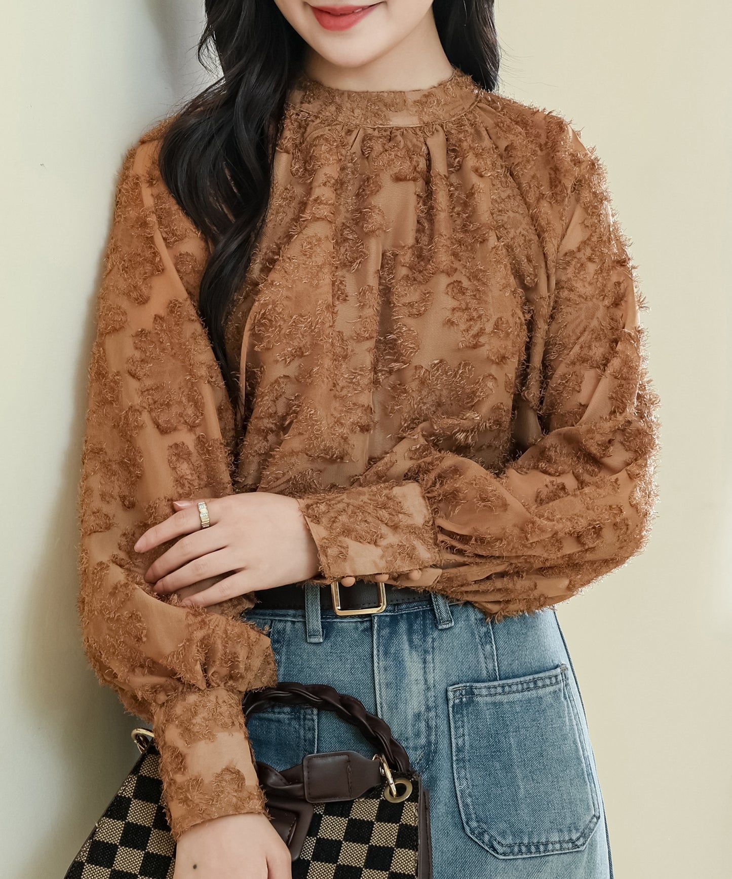 花柄 シャギー ボリューム袖 ギャザー シアー ブラウス