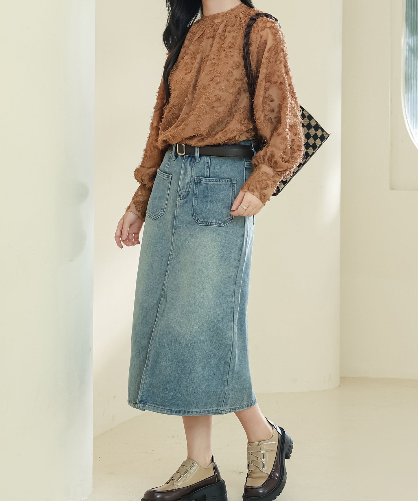 花柄 シャギー ボリューム袖 ギャザー シアー ブラウス