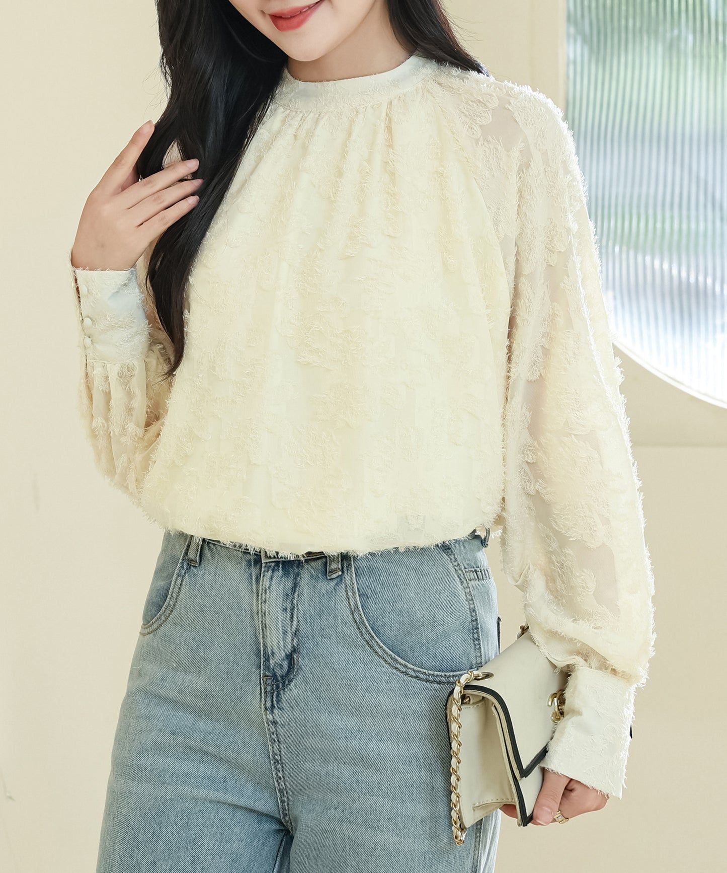 花柄 シャギー ボリューム袖 ギャザー シアー ブラウス
