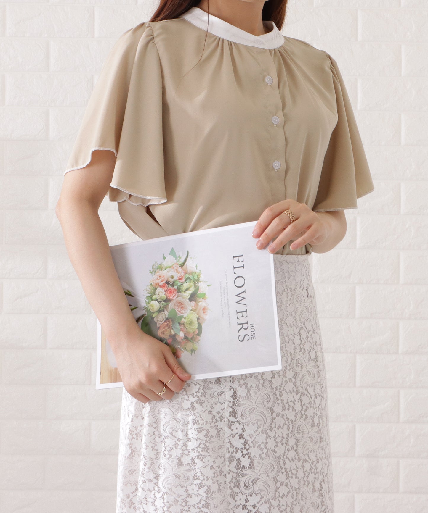 2WAYバイカラープチハイネック半袖シフォンブラウス