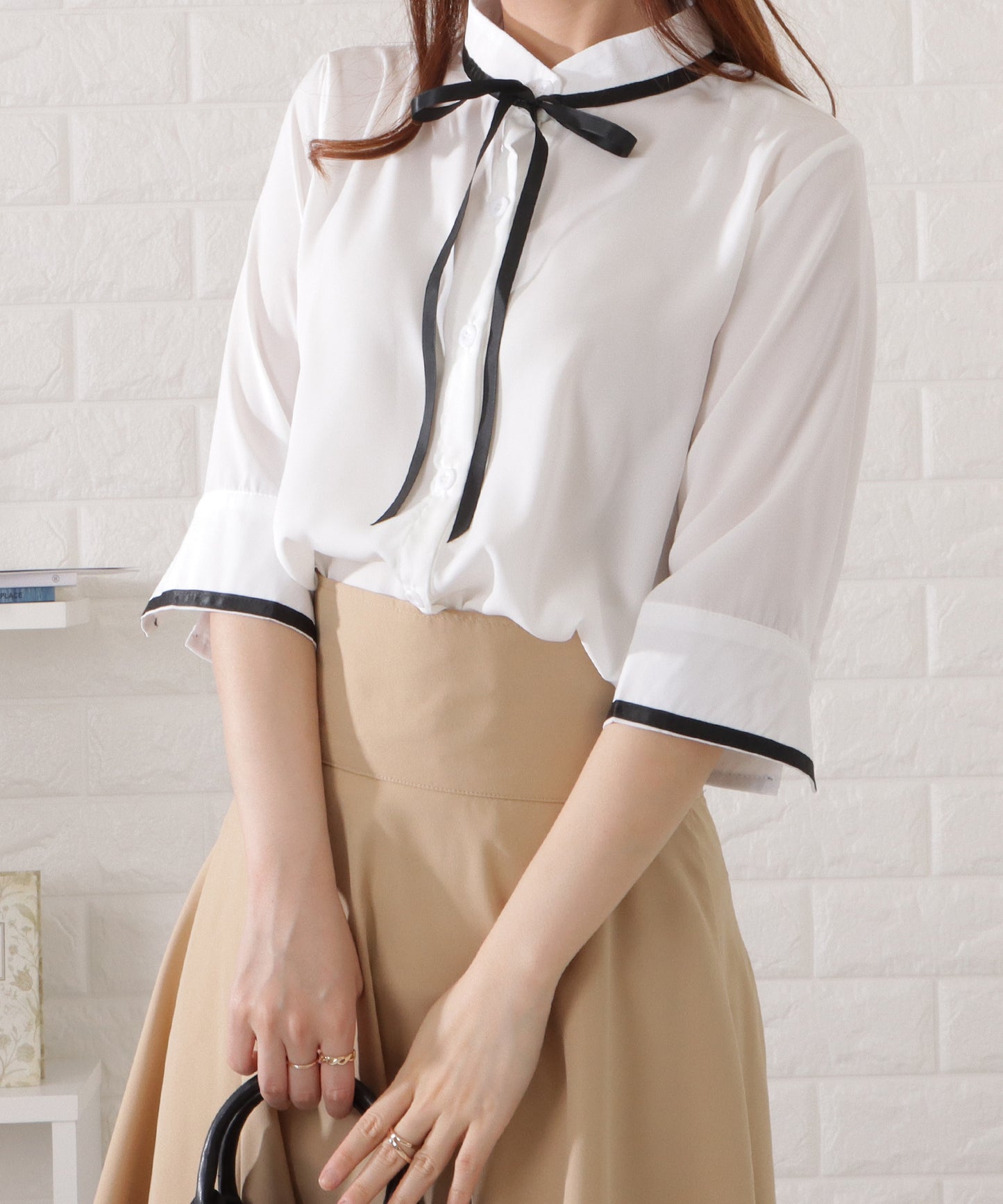 配色リボン五分袖シフォンブラウス