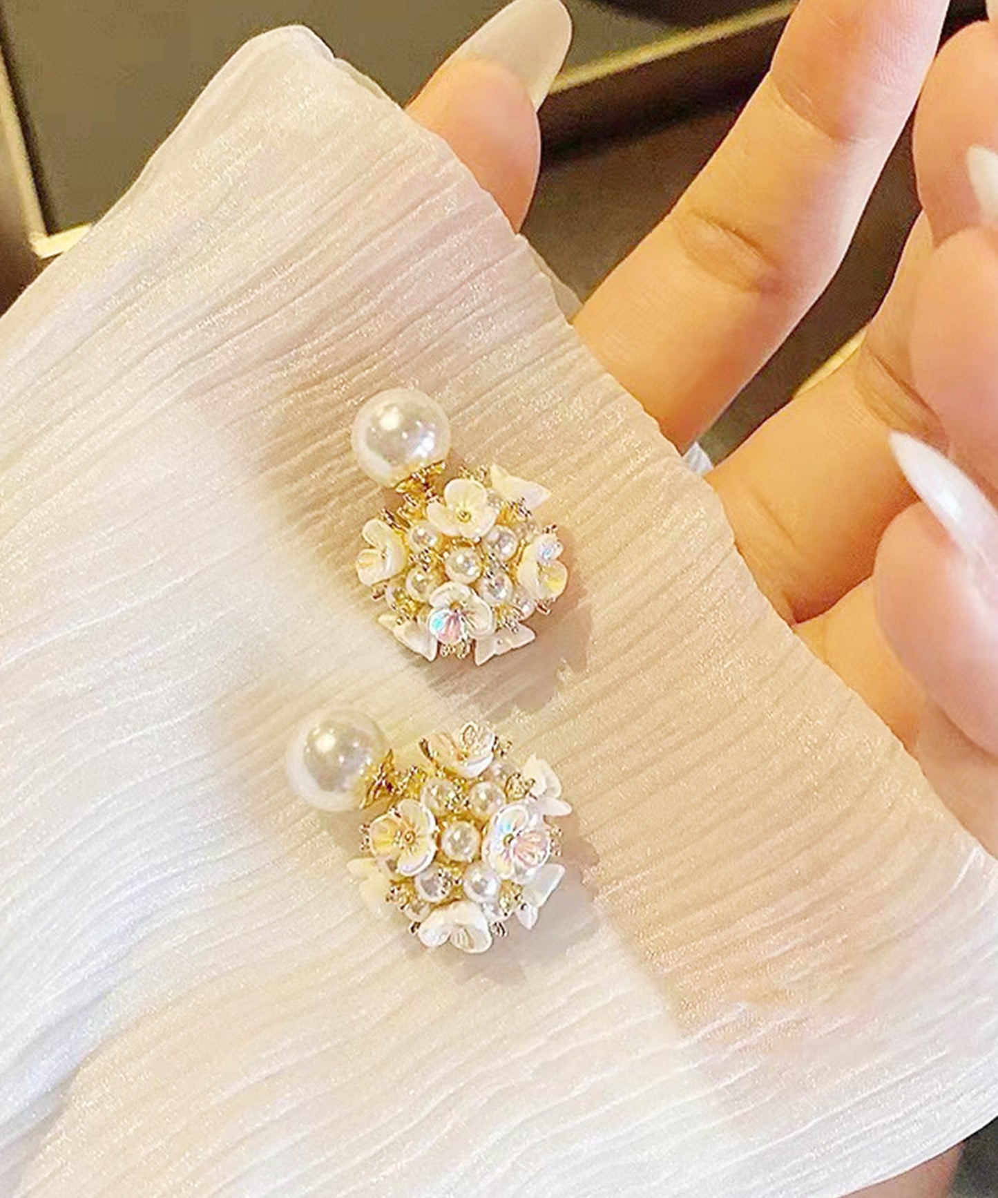 2WAY パール付き フラワー ブーケ ピアス