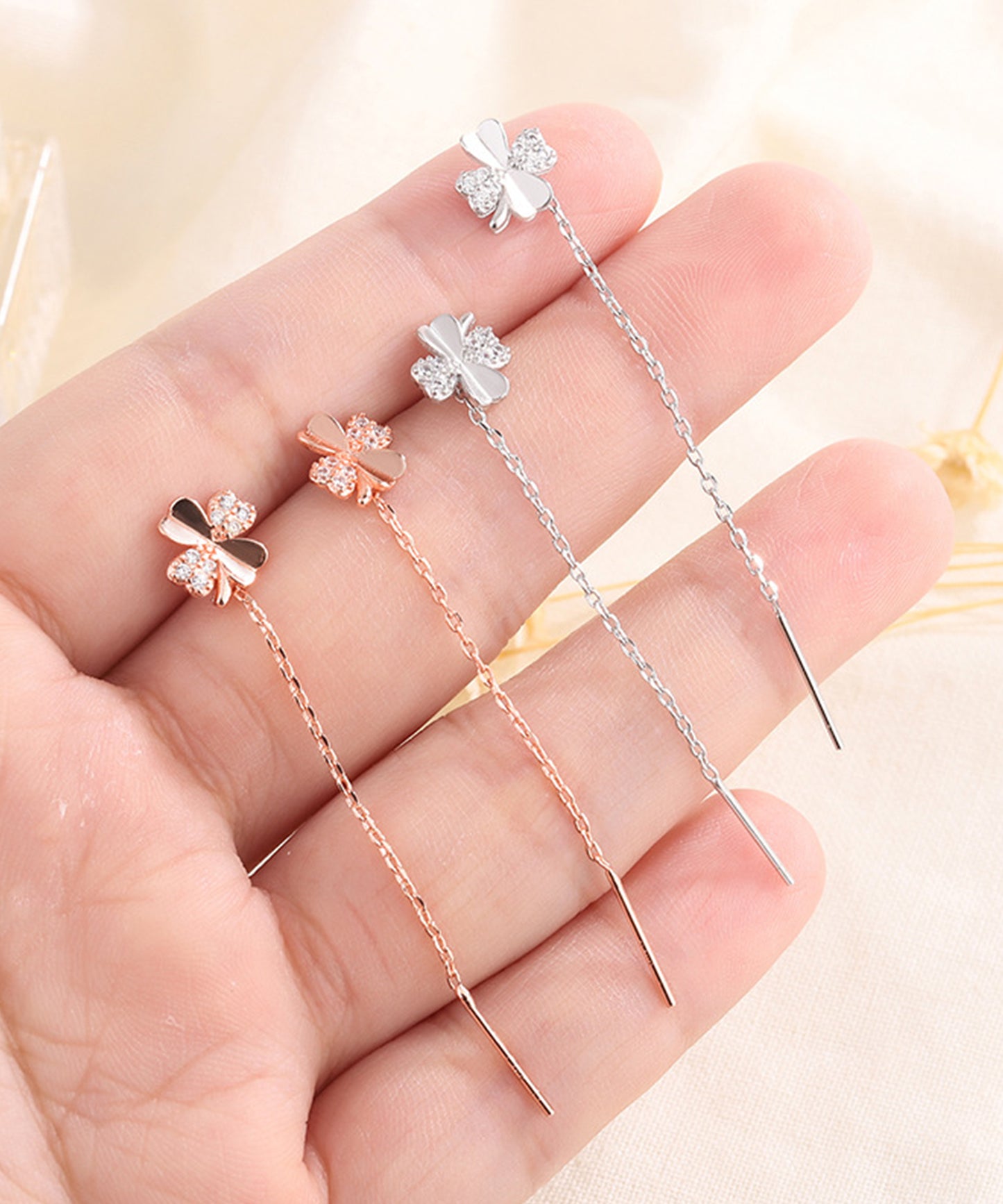 ビジュー クローバー ロング チェーン ピアス