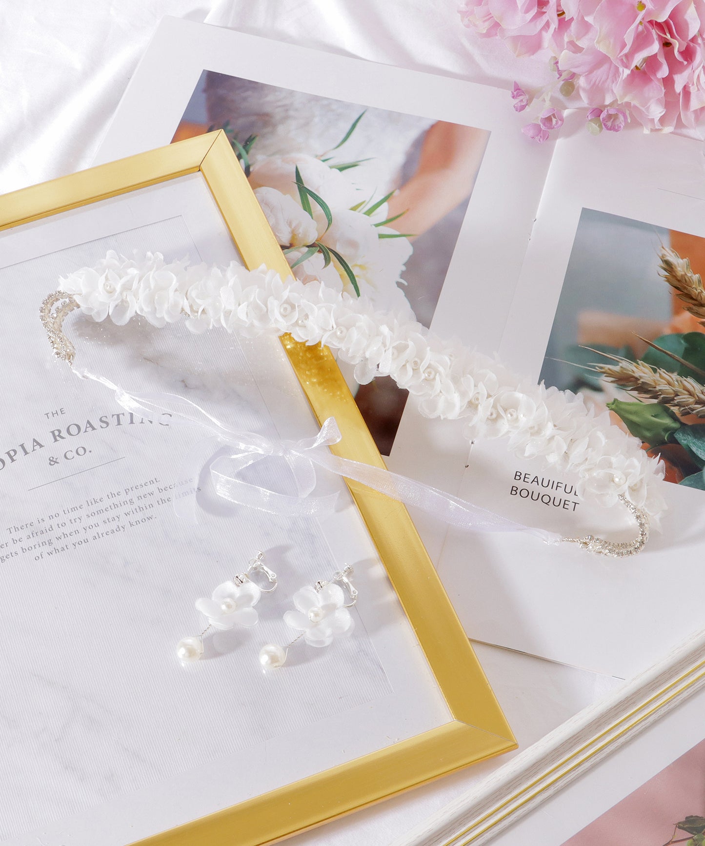 2点セット シアー フラワー パール ヘア バンド イヤリング