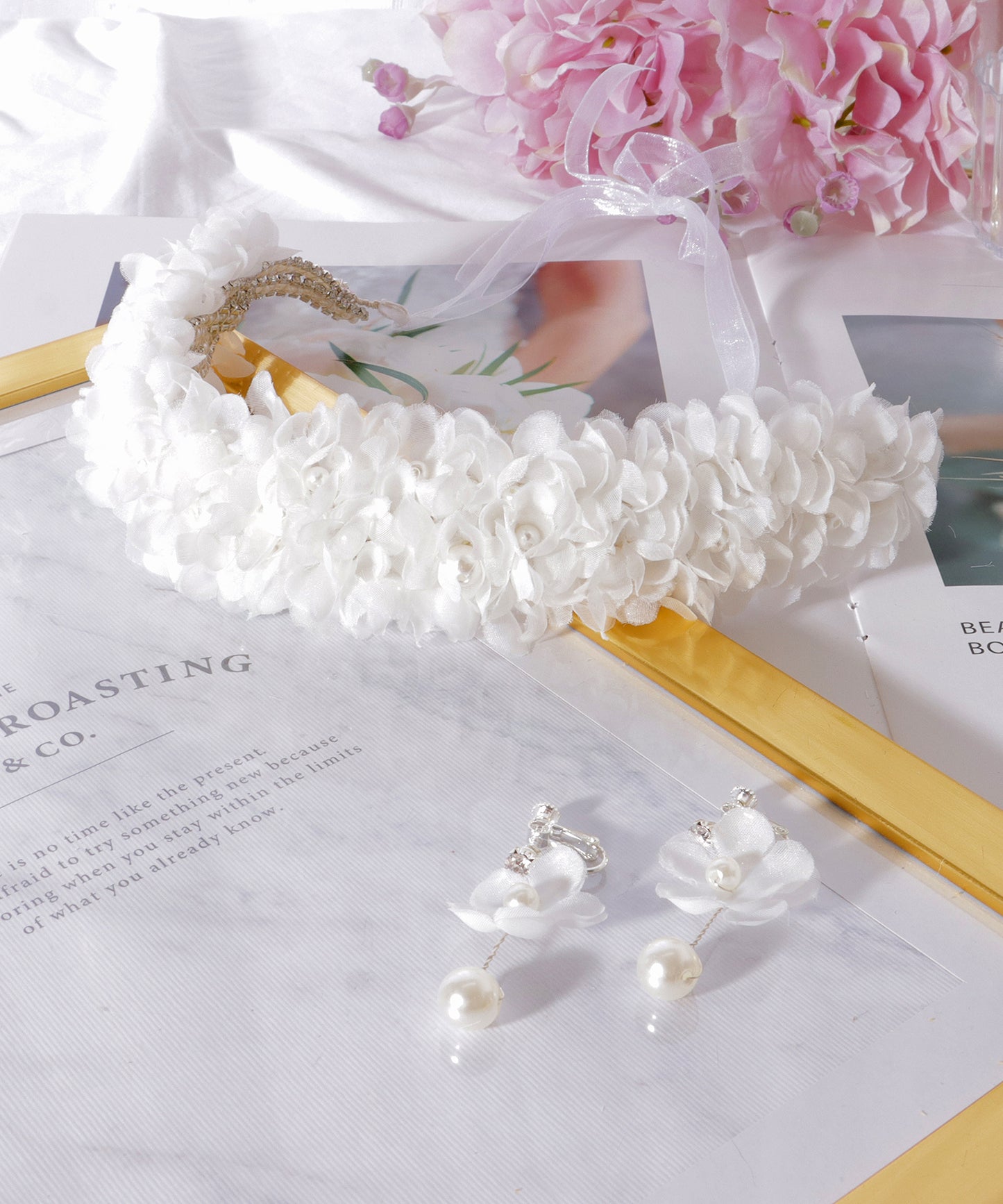 2点セット シアー フラワー パール ヘア バンド イヤリング